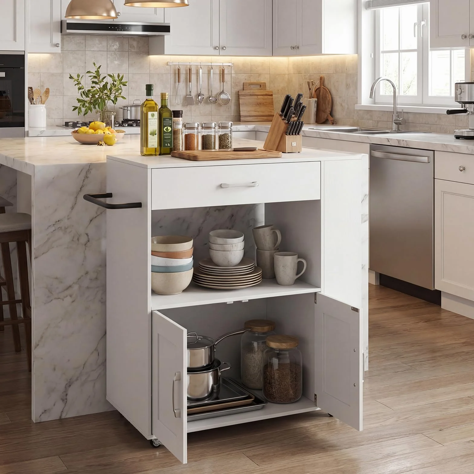 GIANTEX Carrito de cocina con ruedas, isla de cocina con encimera, isla de cocina móvil de madera, armario de cocina, carrito de servicio con cajón y 3 estantes, carrito de cocina (blanco completo)