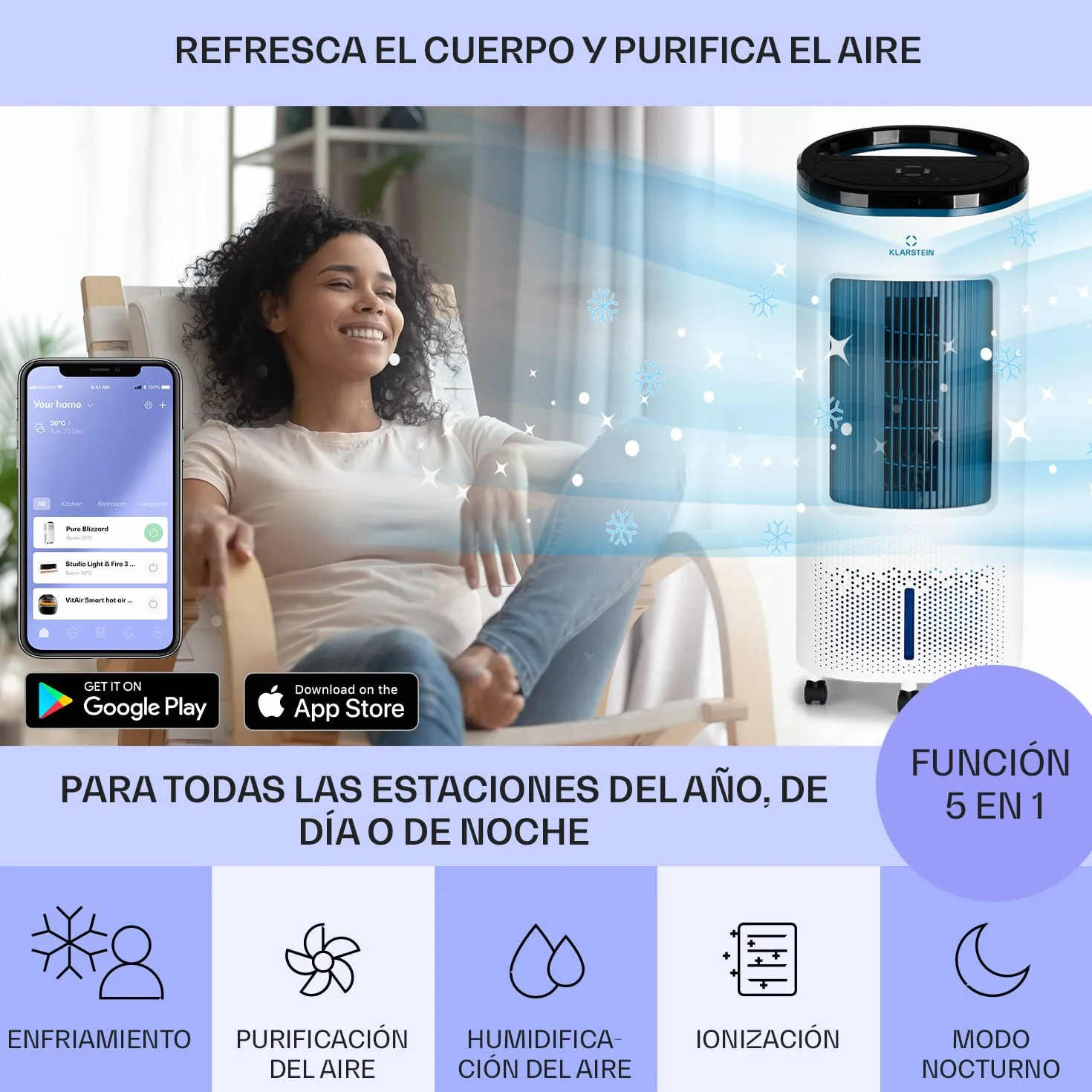 Klarstein IceWind Plus Climatizador Evaporativo – 4 en 1: Ventilador, Enfriador, Humidificador & Purificador, 330 m³/h, Control App & Alexa, Silencioso, Depósito 7L, Azul metalizado/Blanco