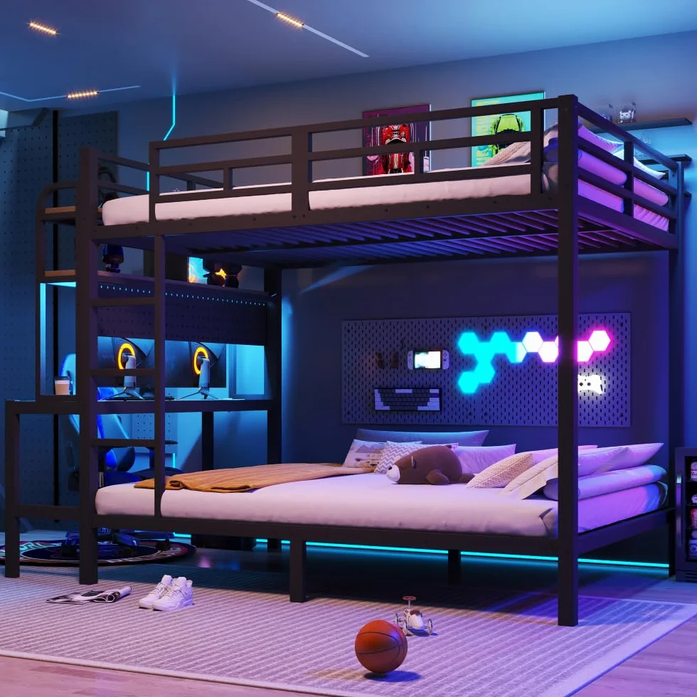 Lubvtti Litera de hierro para niños, 140 x 200 cm, con tira de luz LED, puerto USB, escritorio, compartimento de almacenamiento, cama infantil, estructura de cama de matrimonio (negro)