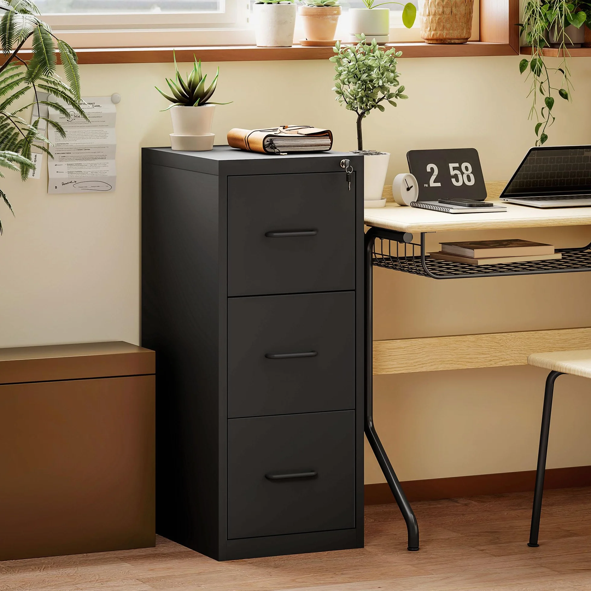 HOMCOM Archivador de 3 Cajones con Barra Ajustable de Acero para Oficina, Ideal para el Hogar y el Estudio, 36,5x46,2x99 cm, Negro