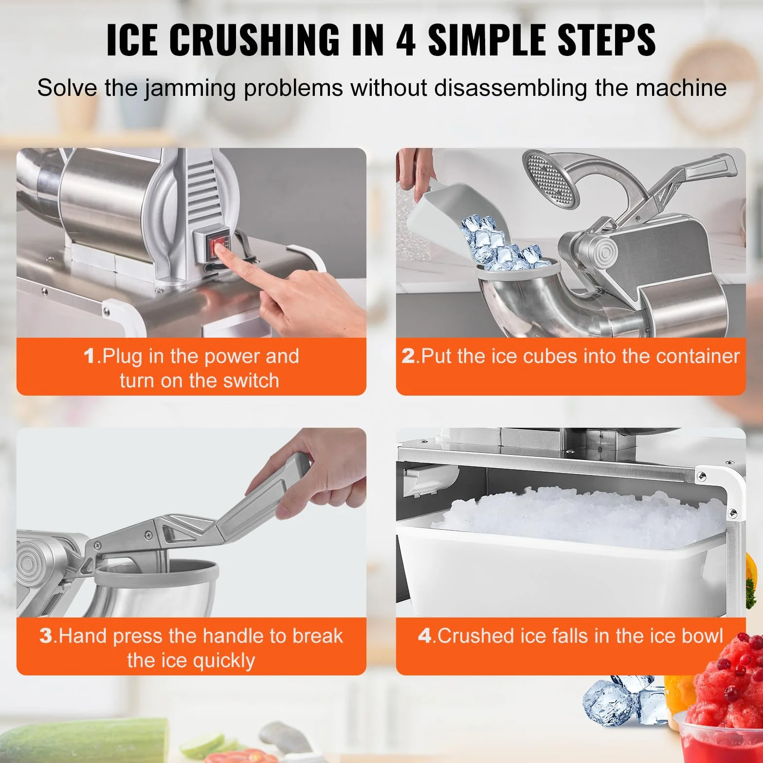 VEVOR Trituradora de Hielo Comercial 300kg/h 300W Picadora de Hielo 4 Cuchillas Acero Inoxidable