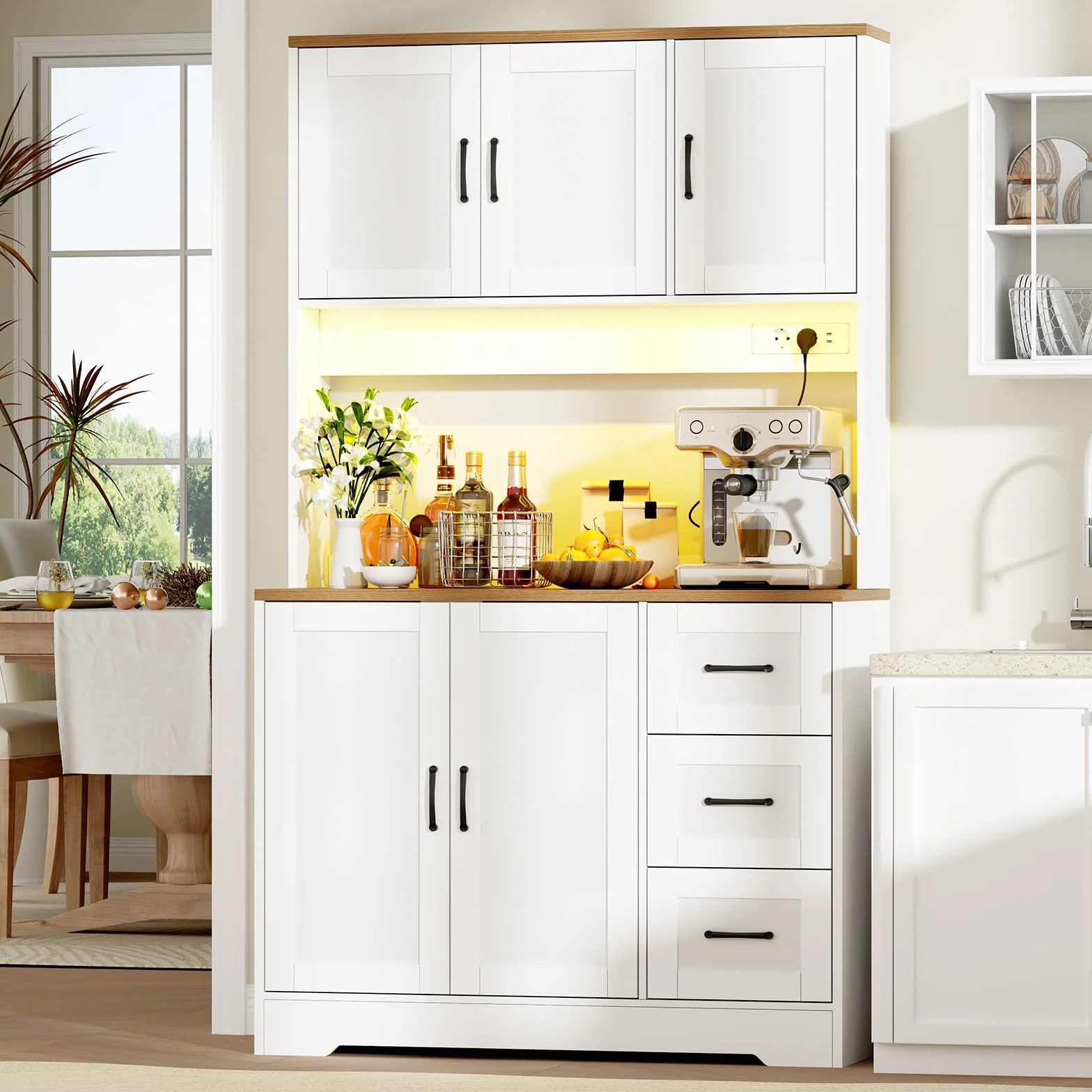 BEWISHOME Alacena de Cocina, Mueble Cocina Auxiliar con LED y Enchufes USB, Armario Cocina Alto con 5 Puertas y 3 Cajones, Estantes Regulables, para Cocina, Comedor o Salón, 100x40x180 cm, Blanco