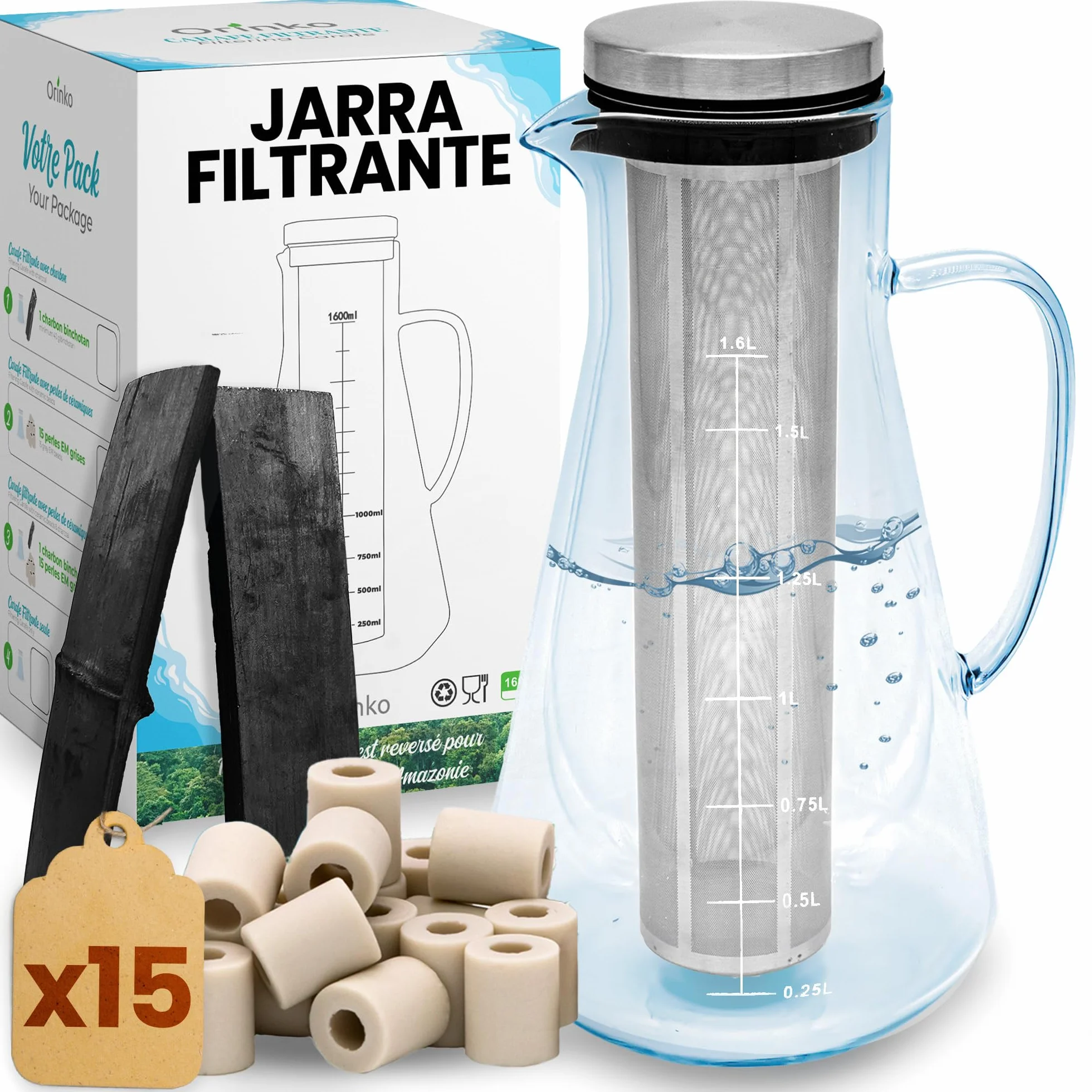 ORINKO Jarra filtrante de cristal 1,6 L + carbón Takesumi japonés x2 + perlas de cerámica EM® x15 - carbón activado vegetal para purificación natural agua - filtración natural potente 2,5 L/bastón