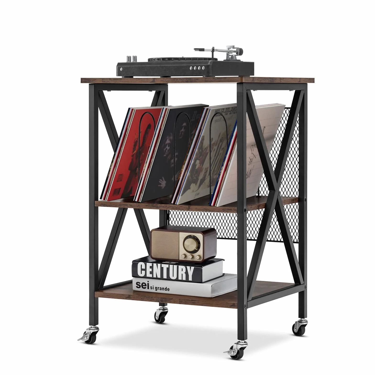GOPLUS - Mueble de vinilo de 3 niveles con estación de carga, ruedas cerradas, marco de metal, mesa auxiliar para 250 vinilos para sala de estar, oficina, 52 x 45 x 75 cm (marrón rústico)