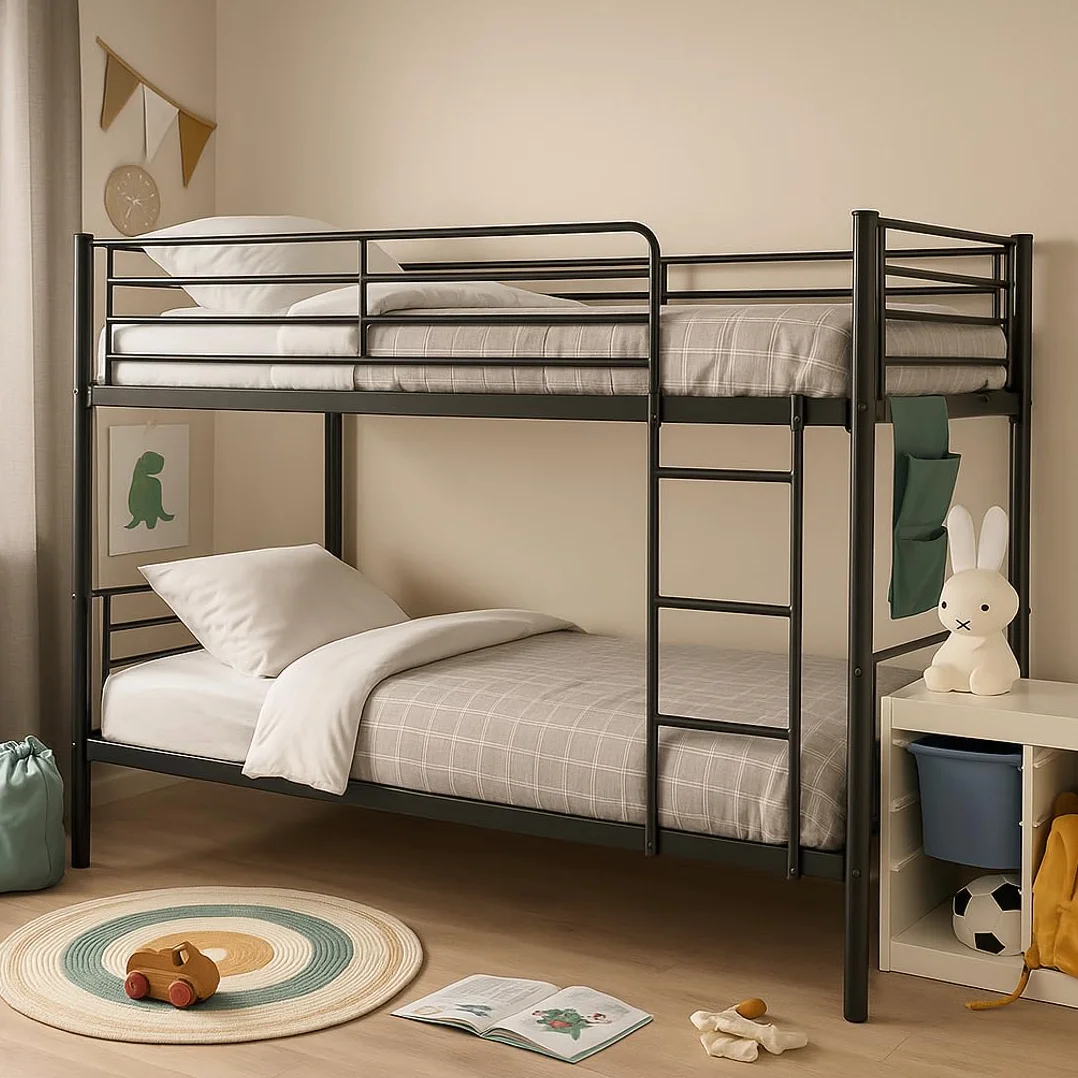 Litera Metálica Doble 200x97x161 cm Cama Infantil y Juvenil con Escalera Lateral y Barandilla de Seguridad para Dormitorio