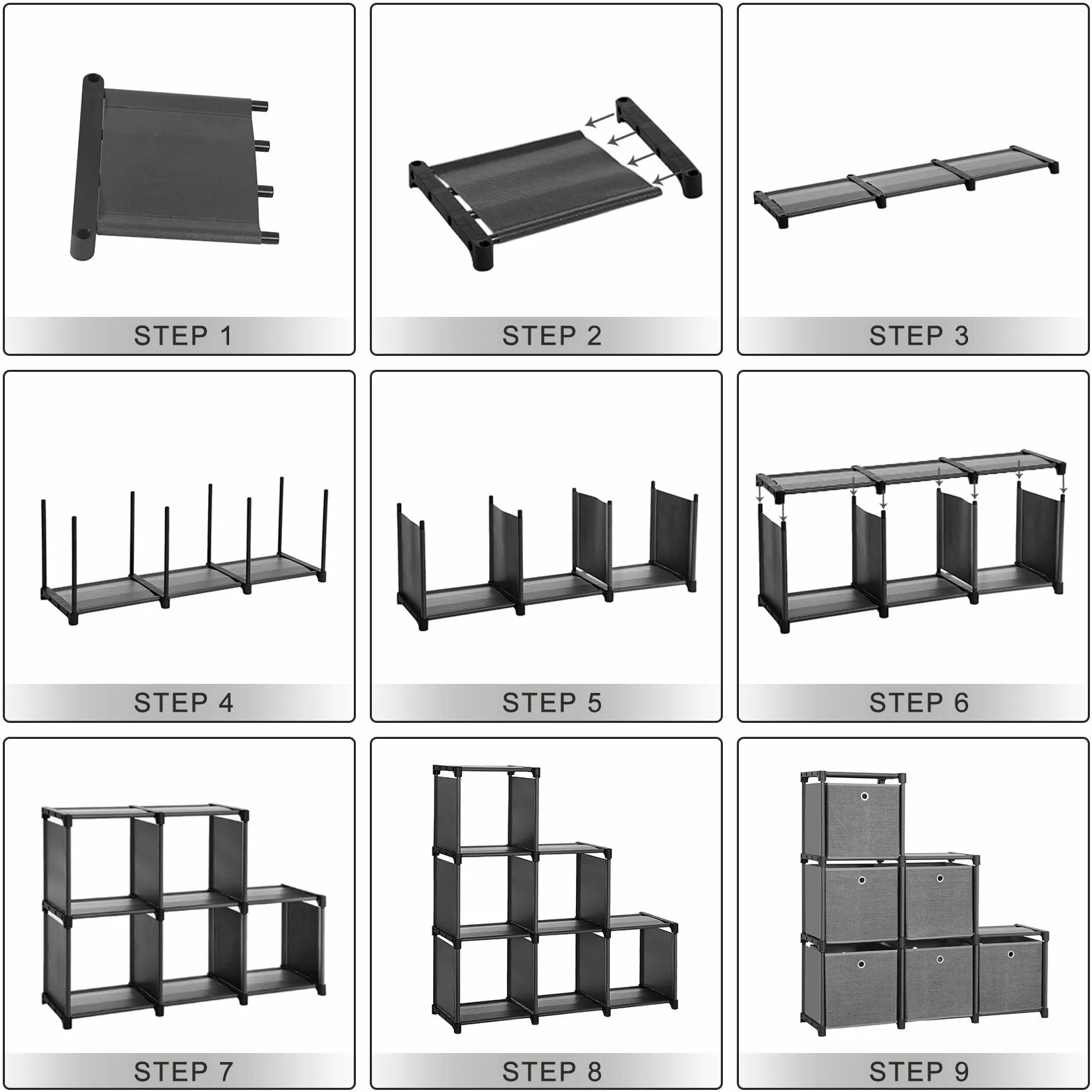 SONGMICS Estantería de 6 Cubos con Cajas de Tela, Organizador Multiusos, Metal, 30 x 105 x 105 cm, Negro LSN66BK