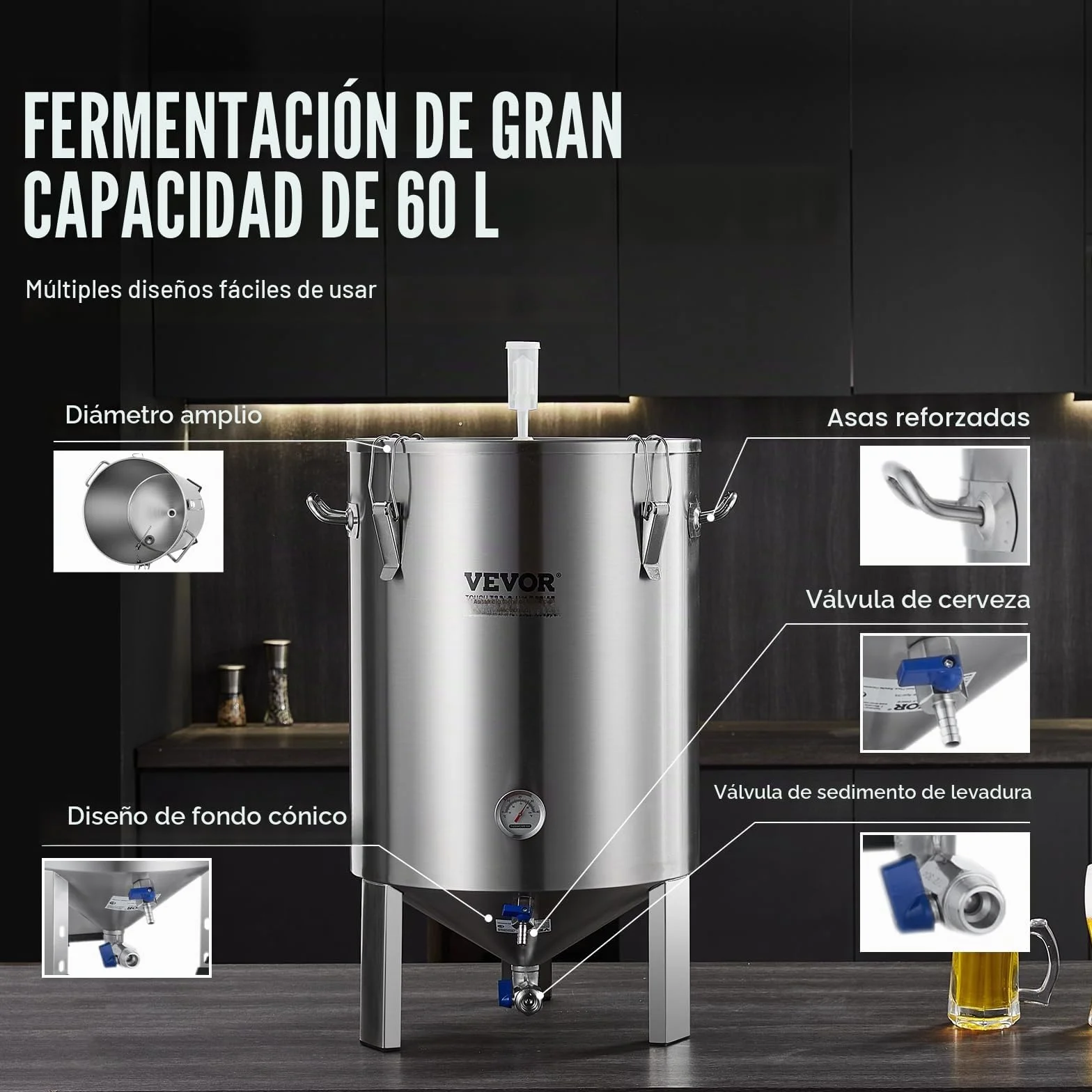 VEVOR Fermentador de Cerveza de 60L, Hervidor de Acero Inoxidable 304, Fermentador de Cubo de Cerveza para Elaboración de Cerveza, Suministros de Elaboración Casera con Base