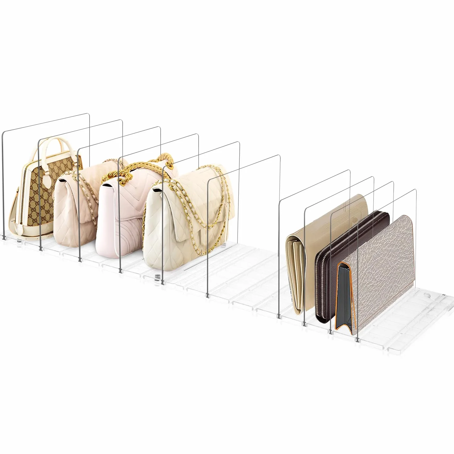 Set de 10 Separadores de Bolsos, Organizador de Armario Ajustable con Base Ranurada y Divisores, Ideal como Organizador de Armario y Bolsos de Mujer, También para Cocina, Baño y Escritorio