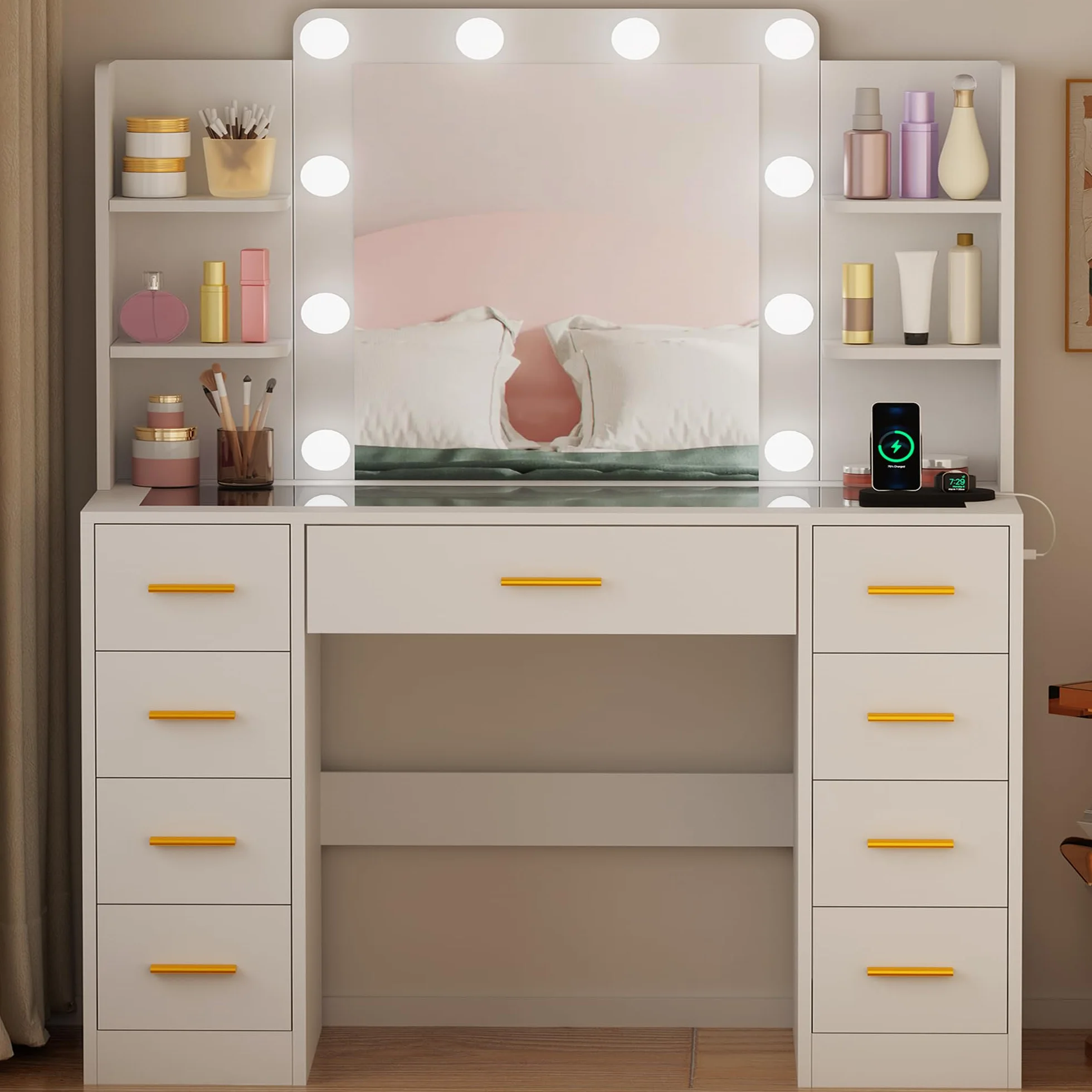 BEWISHOME Tocador con Luces LED Regulables, Mesa de Maquillaje con Espejo y Tapa de Vidrio, 9 Cajones Blanco EFST39W