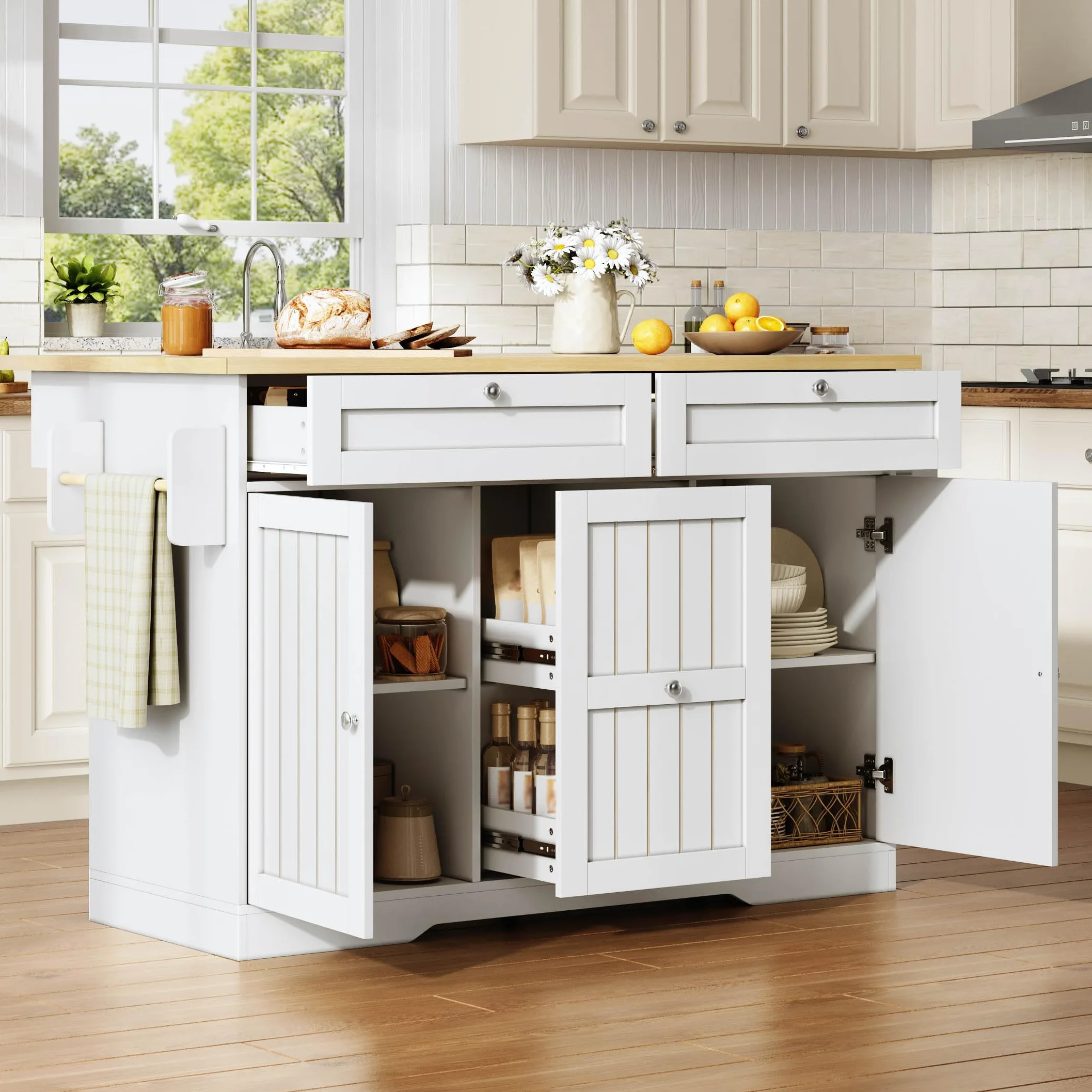 Isla Cocina con Ruedas y Encimera Plegable, Mueble Auxiliar de Cocina con 3 Cajones y 2 Puertas, Isla de Cocina con Estante para Condimentos y Toallero, 137x45-70x92 cm, Natural+Blanco