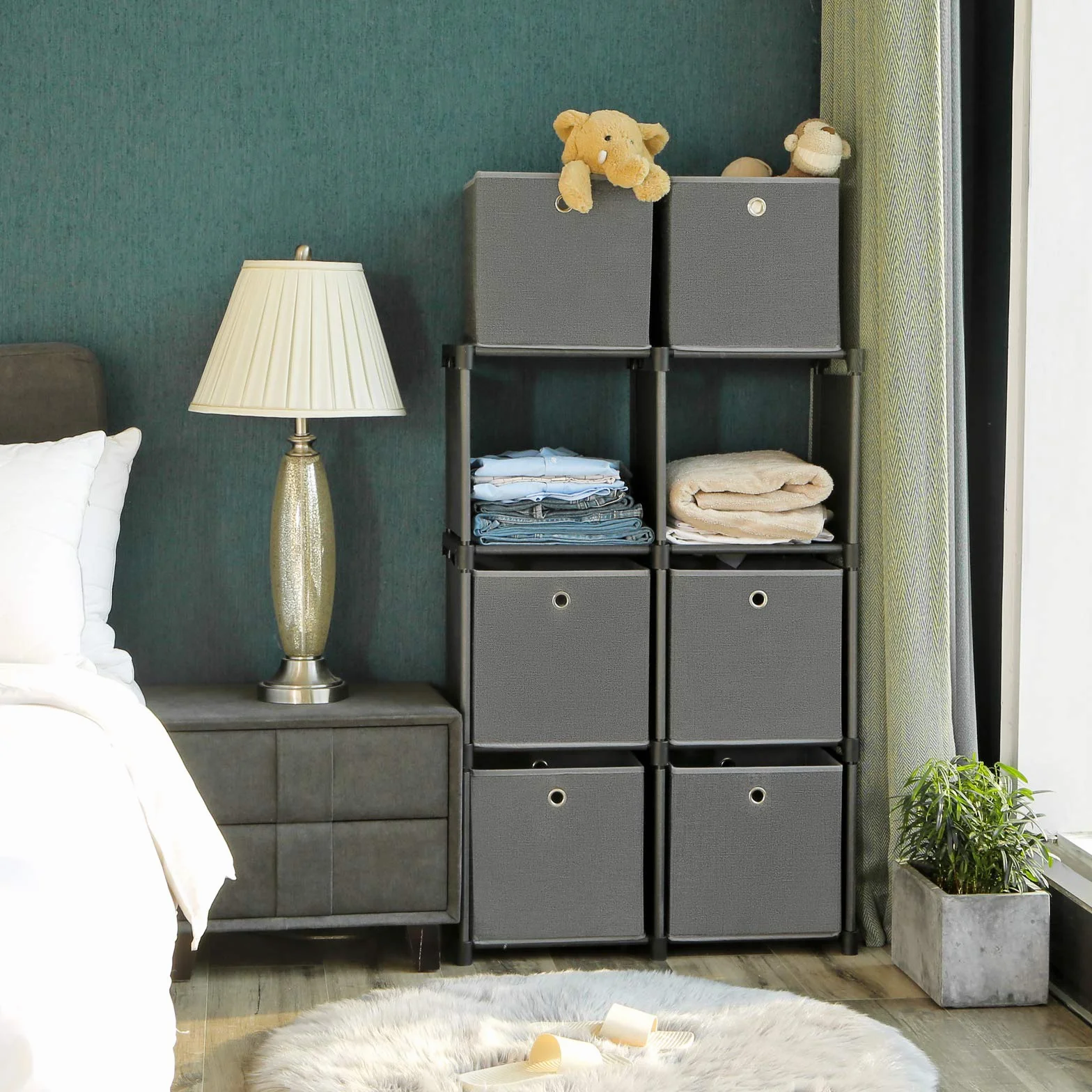 SONGMICS Estantería de 6 Cubos con Cajas de Tela, Organizador Multiusos, Metal, 30 x 105 x 105 cm, Negro LSN66BK