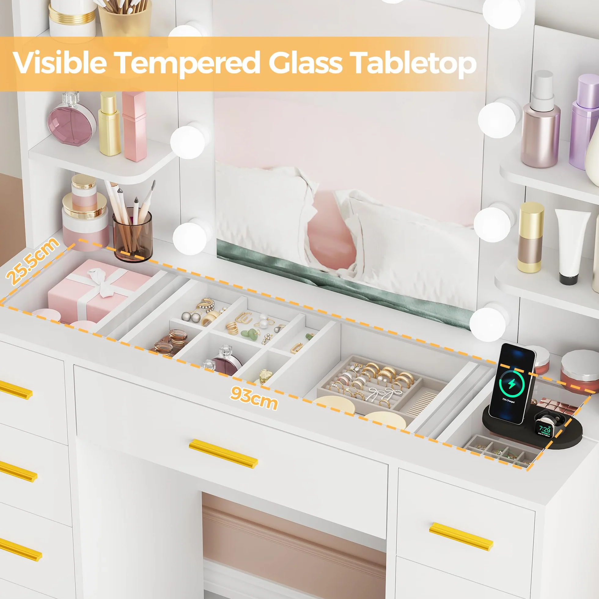BEWISHOME Tocador con Luces LED Regulables, Mesa de Maquillaje con Espejo y Tapa de Vidrio, 9 Cajones Blanco EFST39W