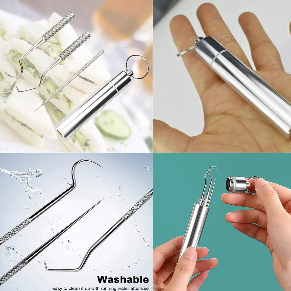 Kit de Palillos de Dientes de Acero Inoxidable Reutilizable con Soporte y Llavero Portátil
