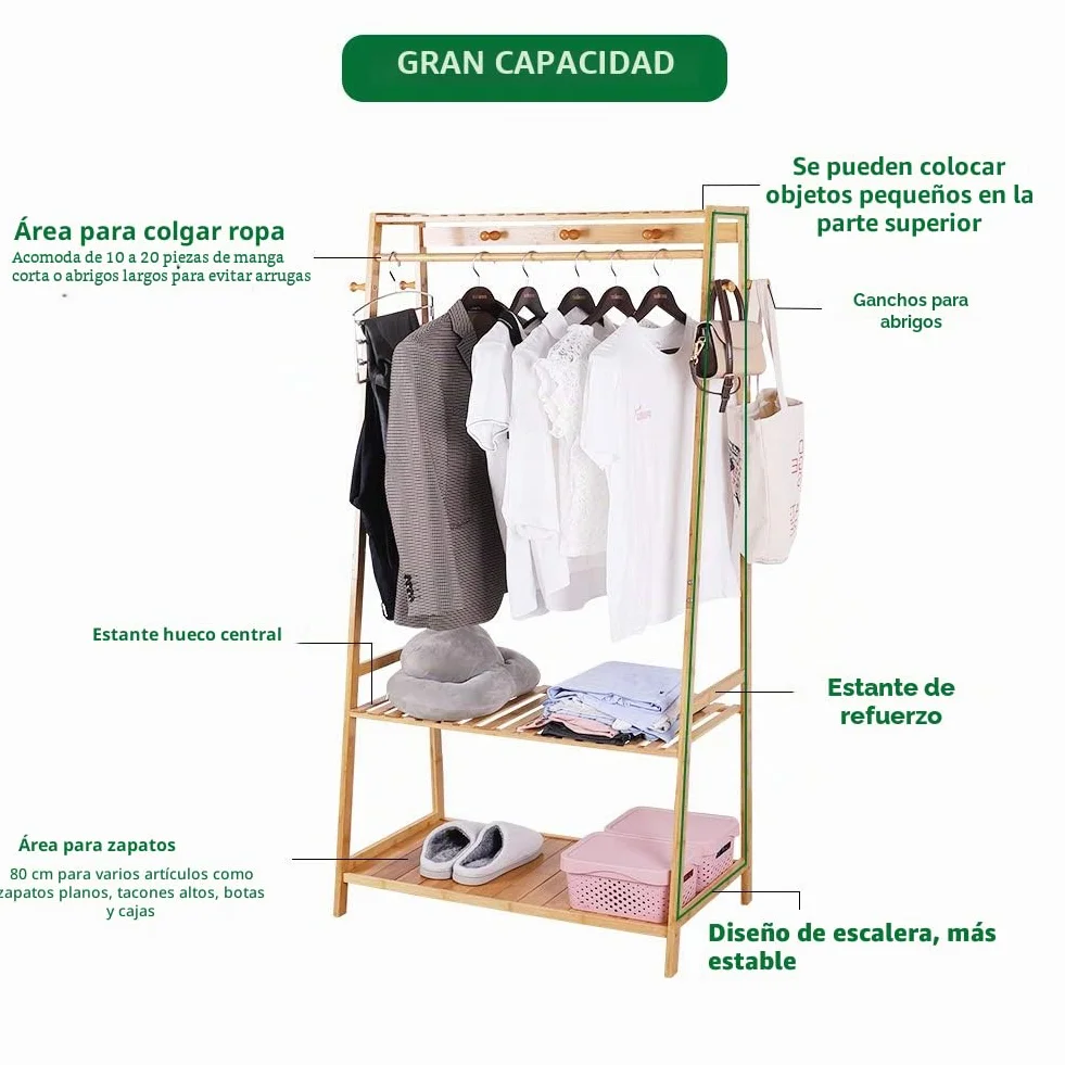 unho Perchero Burro de Bambú Armario Abierto Madera 80x44x165cm 3 Estantes 10 Ganchos
