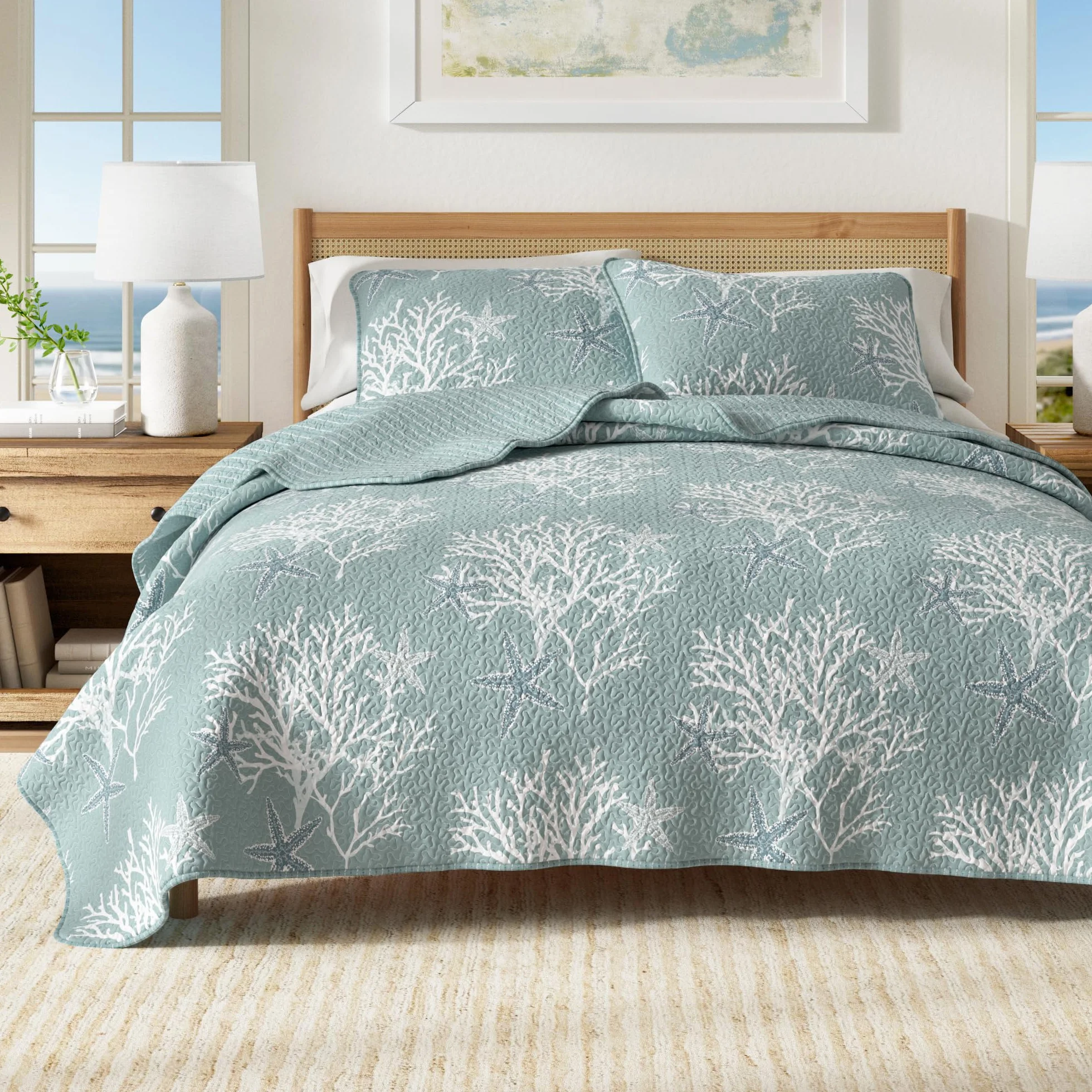 Juego de ropa de cama tamaño King, colcha costera de verano con fundas, juego de colcha reversible de 3 piezas para todas las estaciones. Colcha náutica ligera. Colección Fenwick, azul éter.