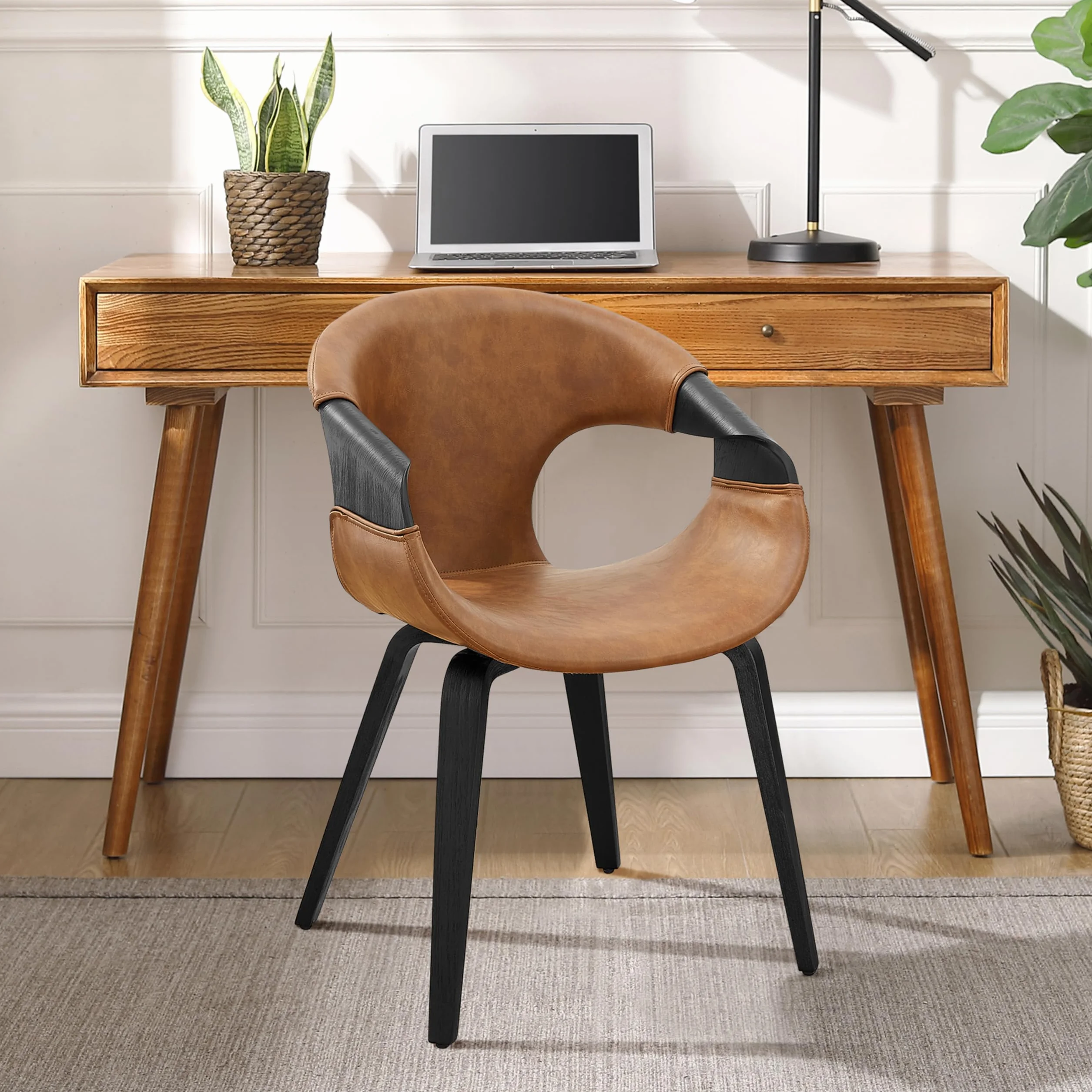 Zouron - Silla de comedor (estilo de madera curva), juego de 1,sillón moderno marrón, silla tapizada de piel sintética, silla de salón con respaldo, silla de cocina, silla de oficina en casa