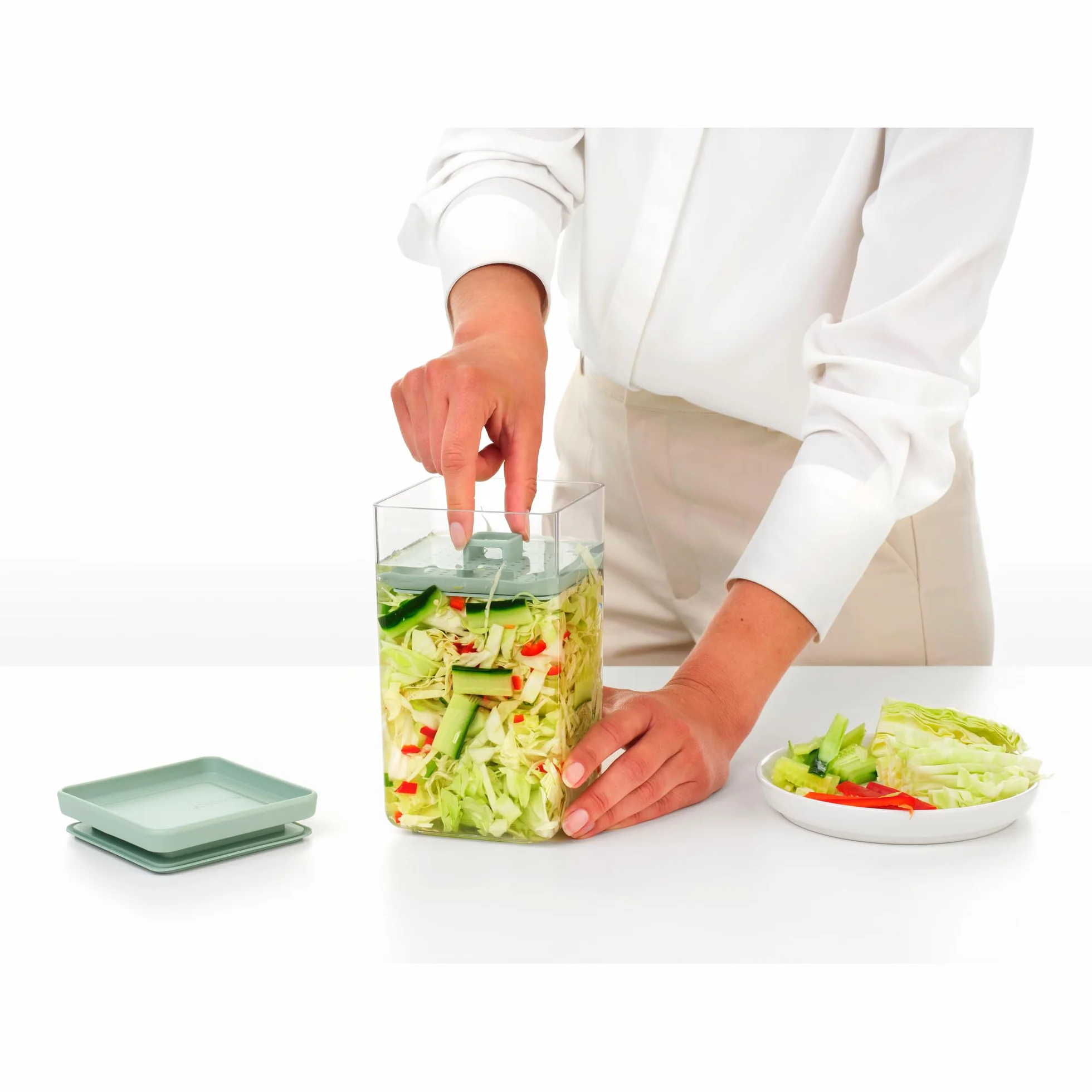 Brabantia TASTY Tarro de fermentación 1,6 L plástico con cierre de silicona y disco prensador para kimchi y chucrut Jade Green