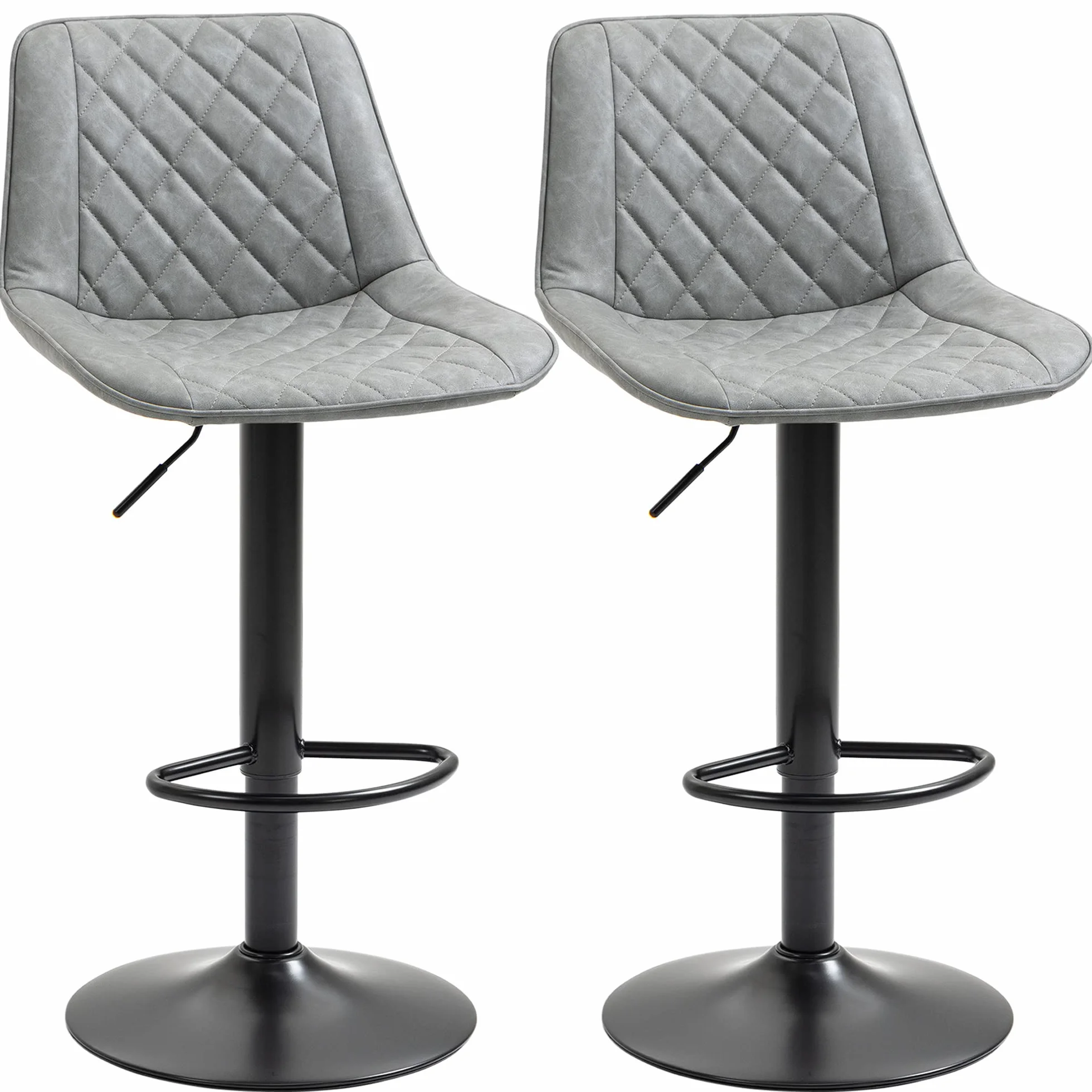 HOMCOM Juego de 2 Taburetes de Bar Giratorios, Taburetes Altos de Cocina con Altura Ajustable 86-106 cm, Sillas Altas de Cocina, Tapizada en Cuero Sintético, Respaldo y Reposapiés, Gris