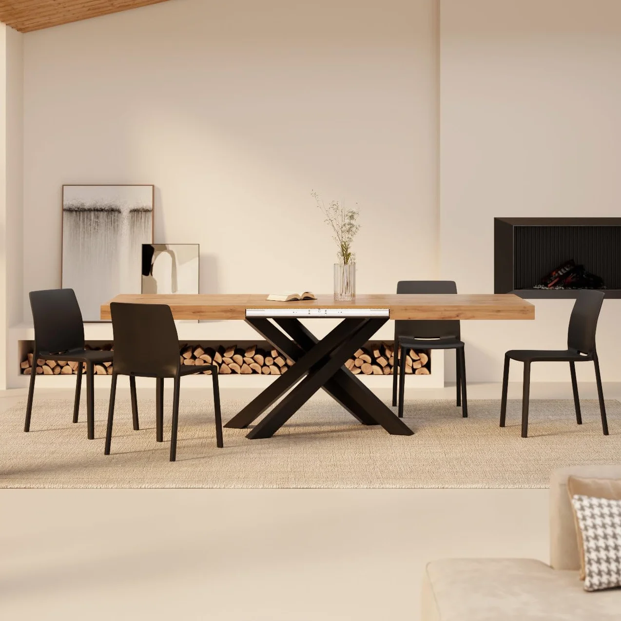 MOBILI FIVER, Mesa Extensible Emma 140(220) x90 cm, Color Madera rústica con Patas Cruzadas Negras, para 6-10 Personas, Mesa Extensible de Comedor, Mesa Cocina, Salon, Made In Italy