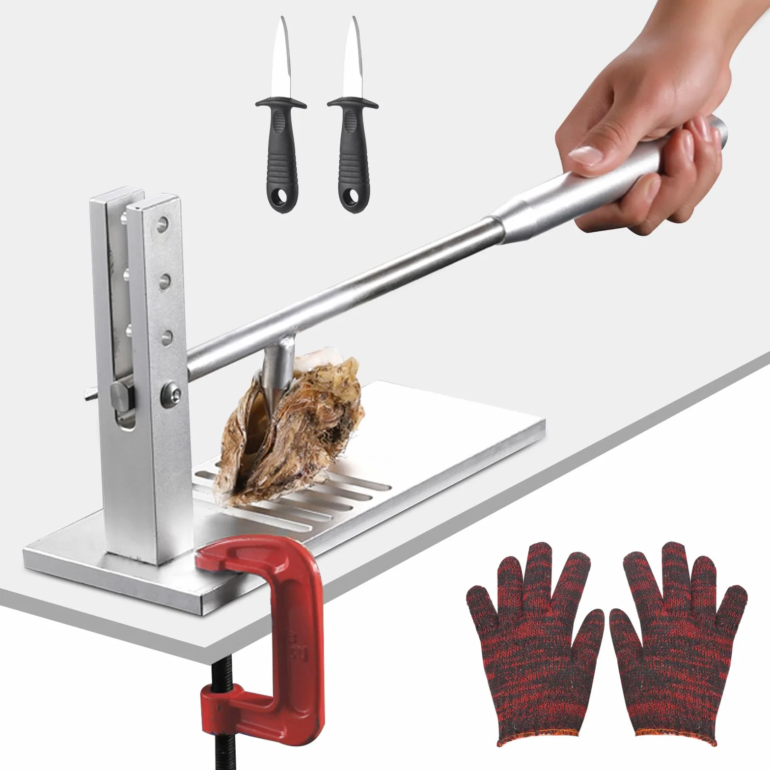 Abridor Ostras, Oyster Shucker Cuchillo para ostras Juego de herramientas Oyster Con 4 Alturas Ajustables, Acero Inoxidable, con Guantes&Base Antideslizantes Herramienta para Mariscos Almejas