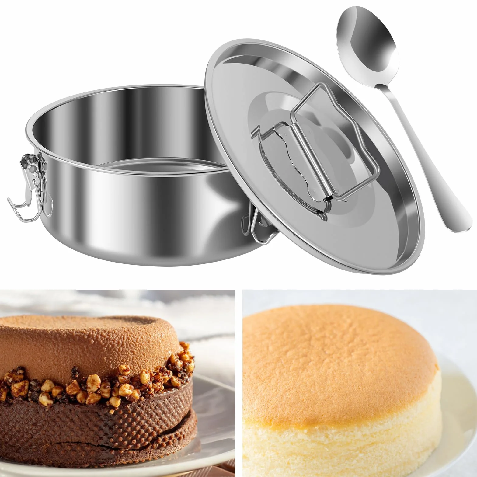 Molde de flan de acero inoxidable con tapa, 1.5 cuartos de galón, moldes de flan con cuchara de 7.5 x 7.5 x 3 pulgadas con asa, moldes de flanera redondos multifuncionales para hornear