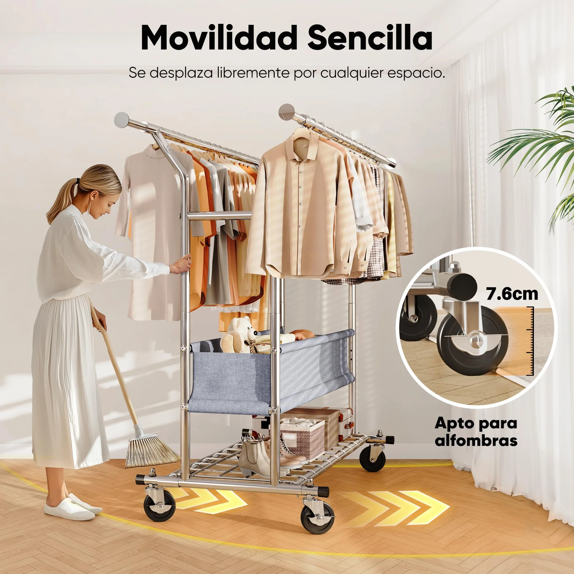 HOKEEPER Burro de Ropa Resistente de Doble Barra con Ruedas, 283kg, con Cesta de Tela y Estante, Extensible - Ideal para Dormitorio, Boutique