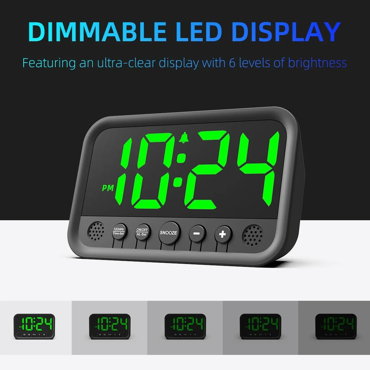 Despertador digital LED grande, alarma fuerte, enchufe eléctrico, volumen y brillo ajustables, repetición, 12/24 horas