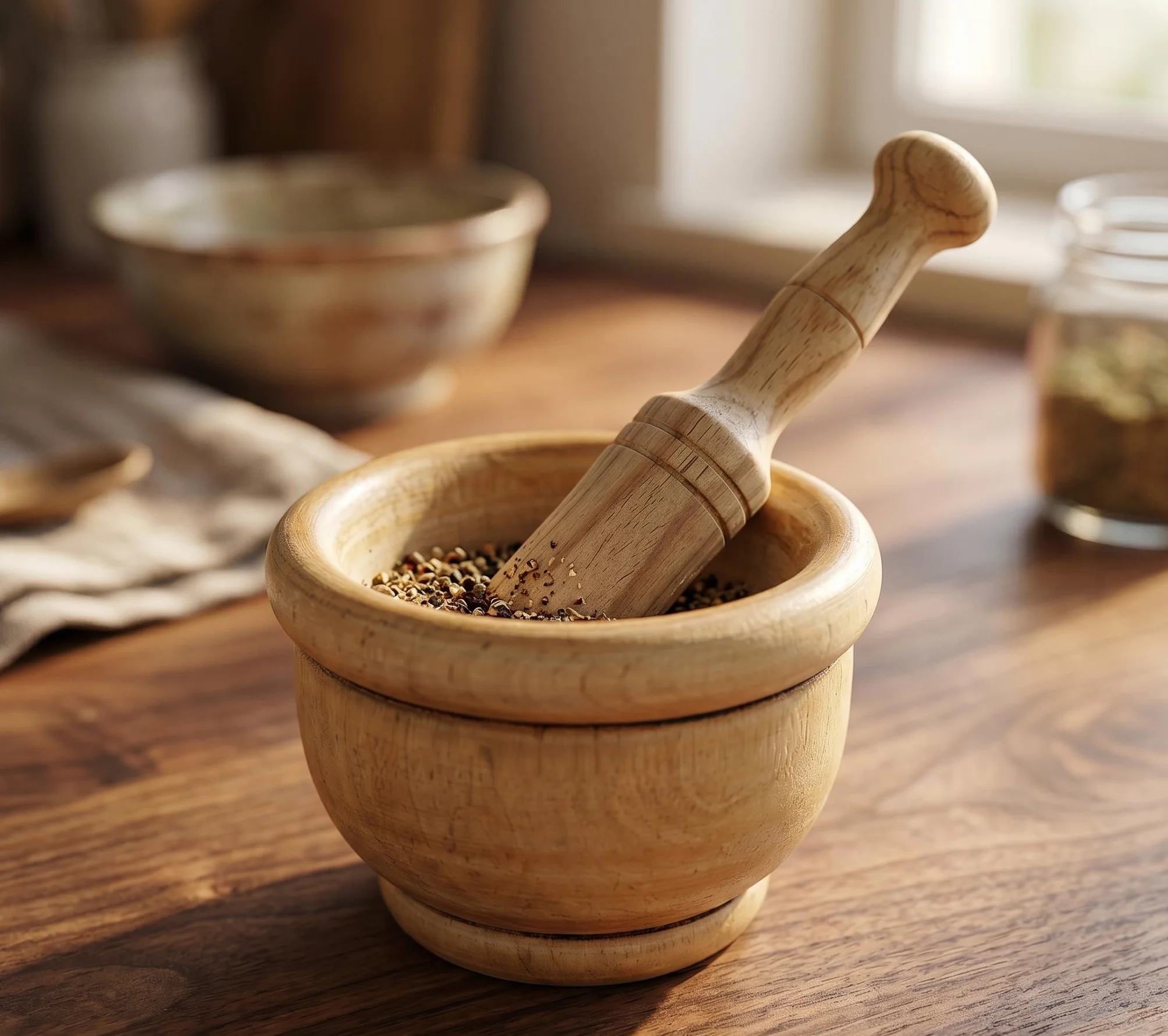 MGE - Juego de Mortero y Mazo - Mortero de Madera - Mortero de Cocina - Mortero de Cocina para Triturar Especias - Molinillo Manual de Ajo, Hierbas - Triturador de Especias - Madera - 14 cm