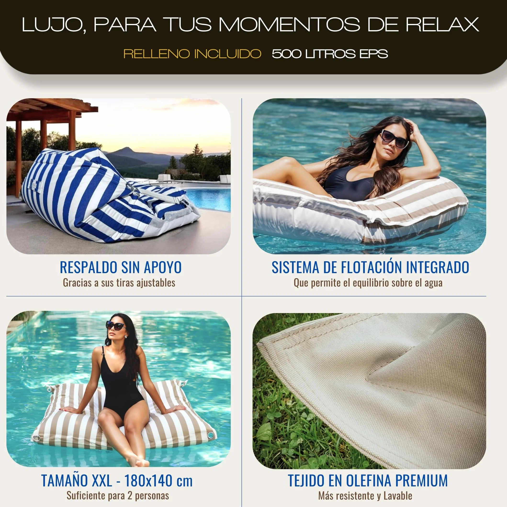 Aiire Puff Exterior de Lujo XXL - [180x140 cm] Puf Gigante con Relleno Incluido en Olefina Premium - Moderno Bean Bag para Piscina, Jardín o Terraza - Sofa de Suelo Interior o Exterior Gris