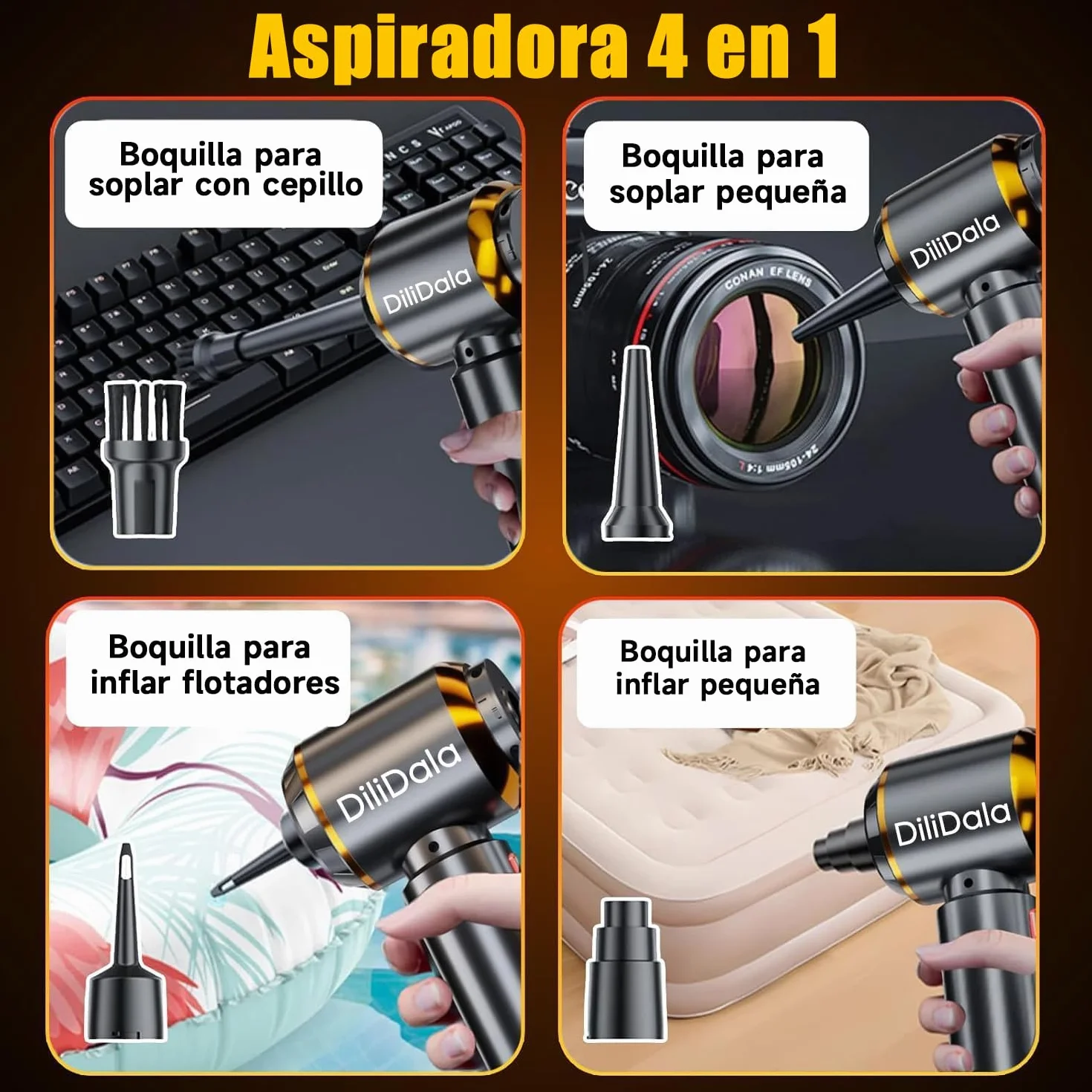 Aspirador de Mano 28000PA 4 en 1 Sin Escobillas Sin Cable para Coche Hogar