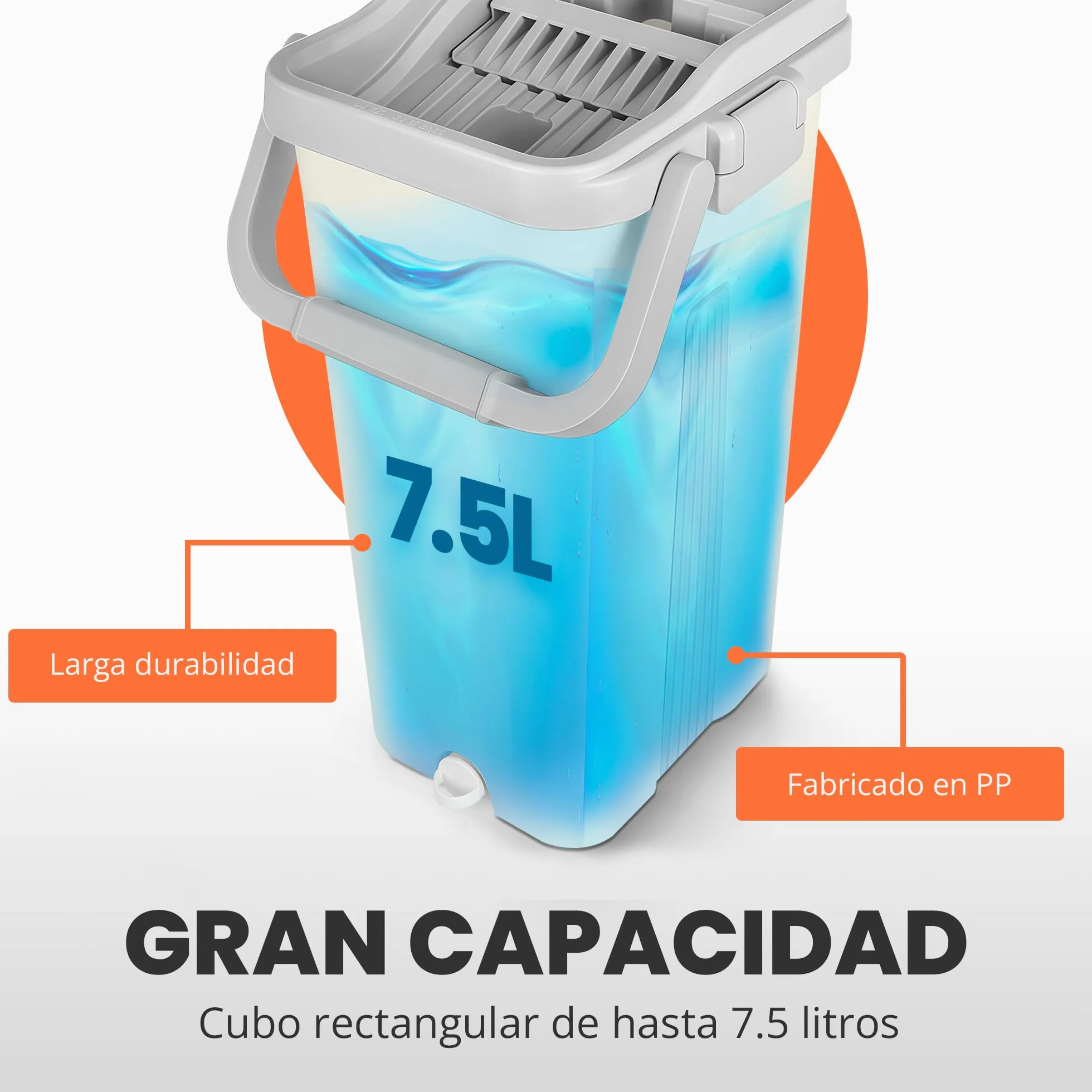 JUPPLIES Mopa Fregona con Cubo Escurridor Doble Compartimento 7,5 L Sistema Giratorio Mango Telescópico Recambios Microfibra Blanco 6 Recambios