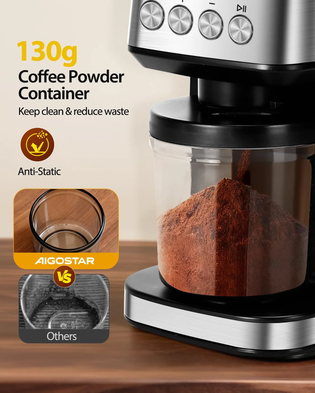 Aigostar Molinillo de Café Eléctrico, 52 Ajustes de Molido Molinillo Café de Cono, Grinder Electrico Para Café Espresso, Moledor Profesional con Pantalla Lcd Digital Precisa, Acero inoxidable, Plata