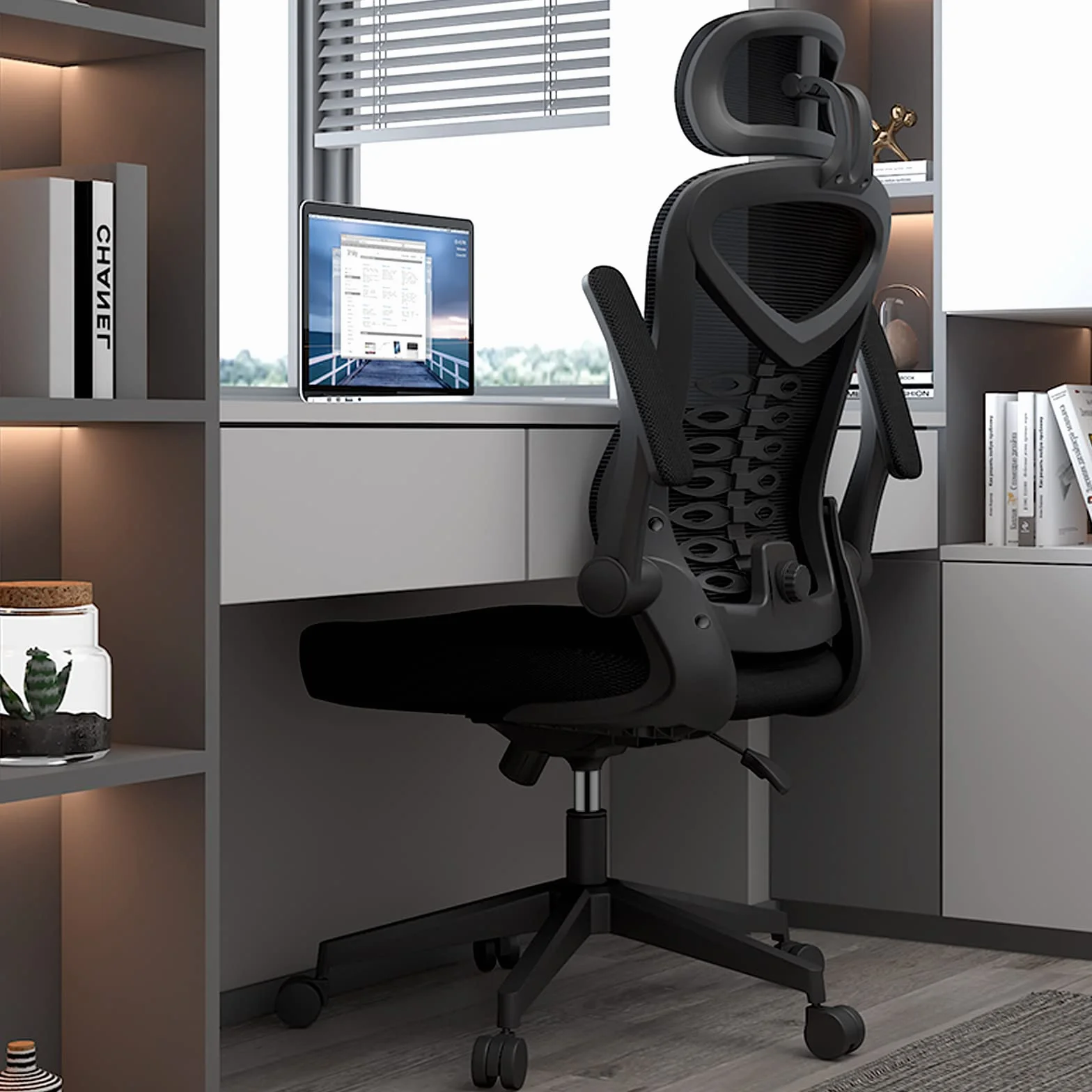 Magic Life Silla de Escritorio Ergonómica Reposabrazos Abatible 90° Soporte Lumbar Ajustable Giratoria 360° Mecedora (Negro)