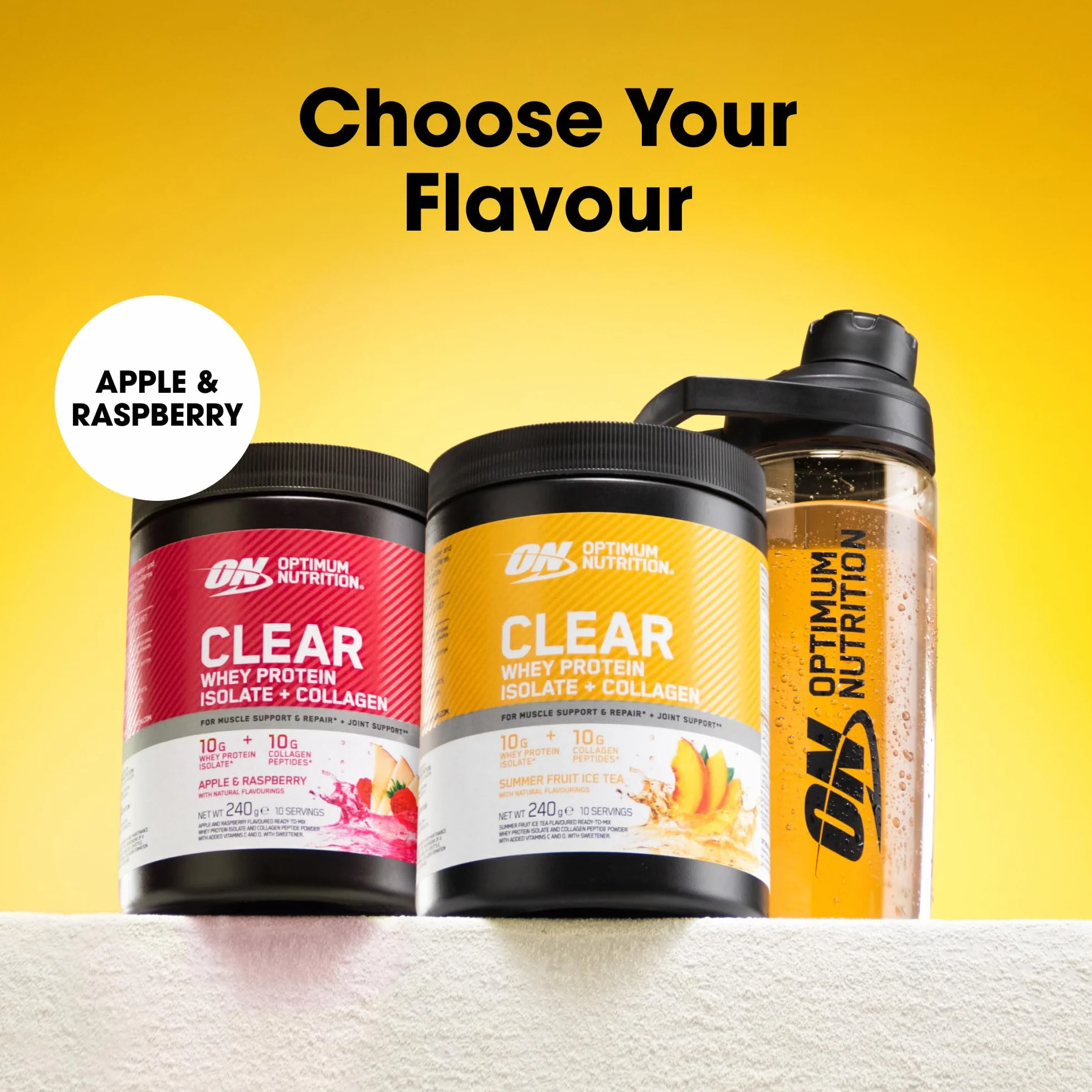 Optimum Nutrition Clear Whey + Colágeno, Té Helado Frutas de Verano, 240 g, 10 Porciones
