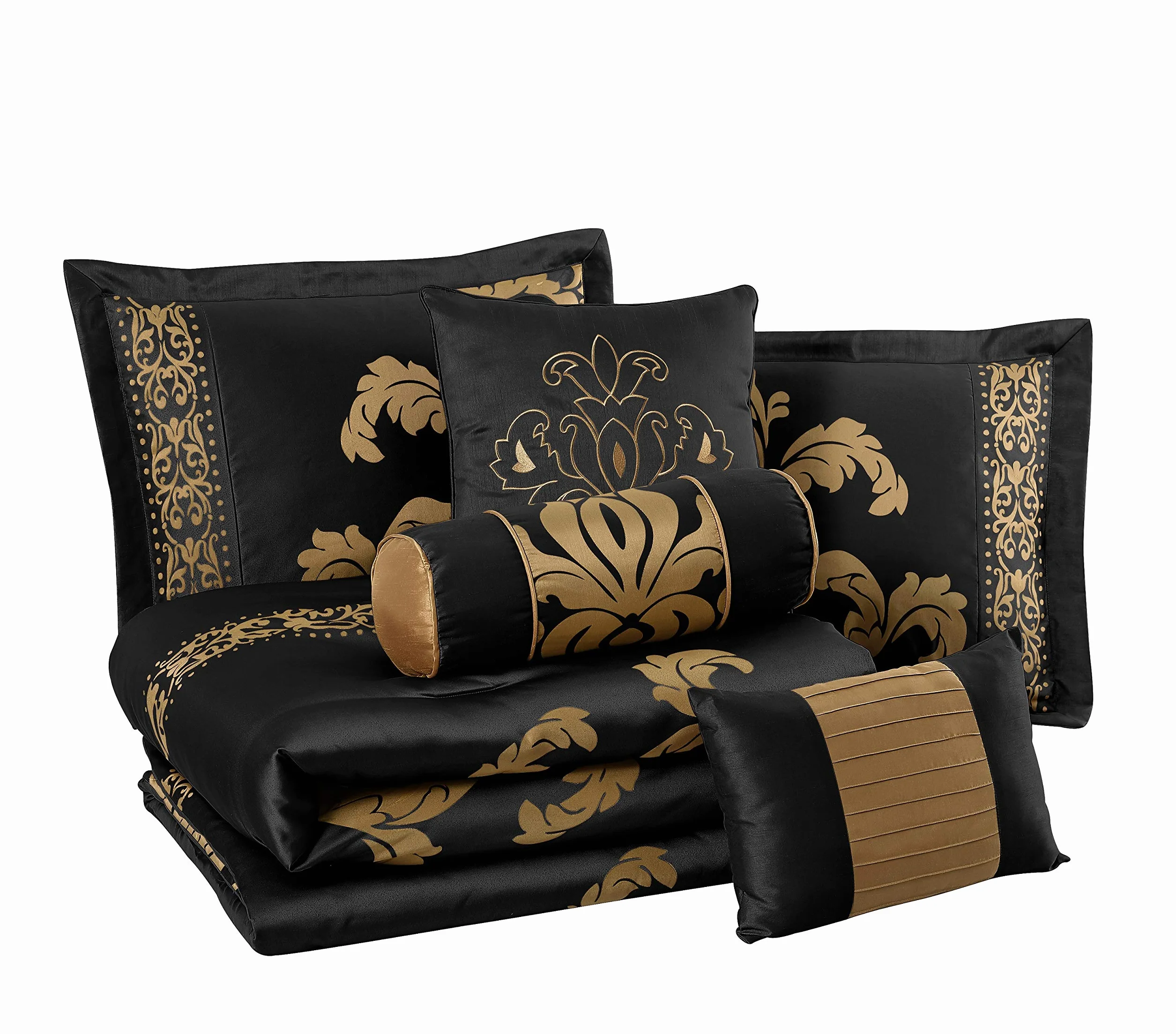 Chezmoi Collection Royale-Juego de edredón de 7 Piezas, Poliéster, Negro/Dorado, Rey