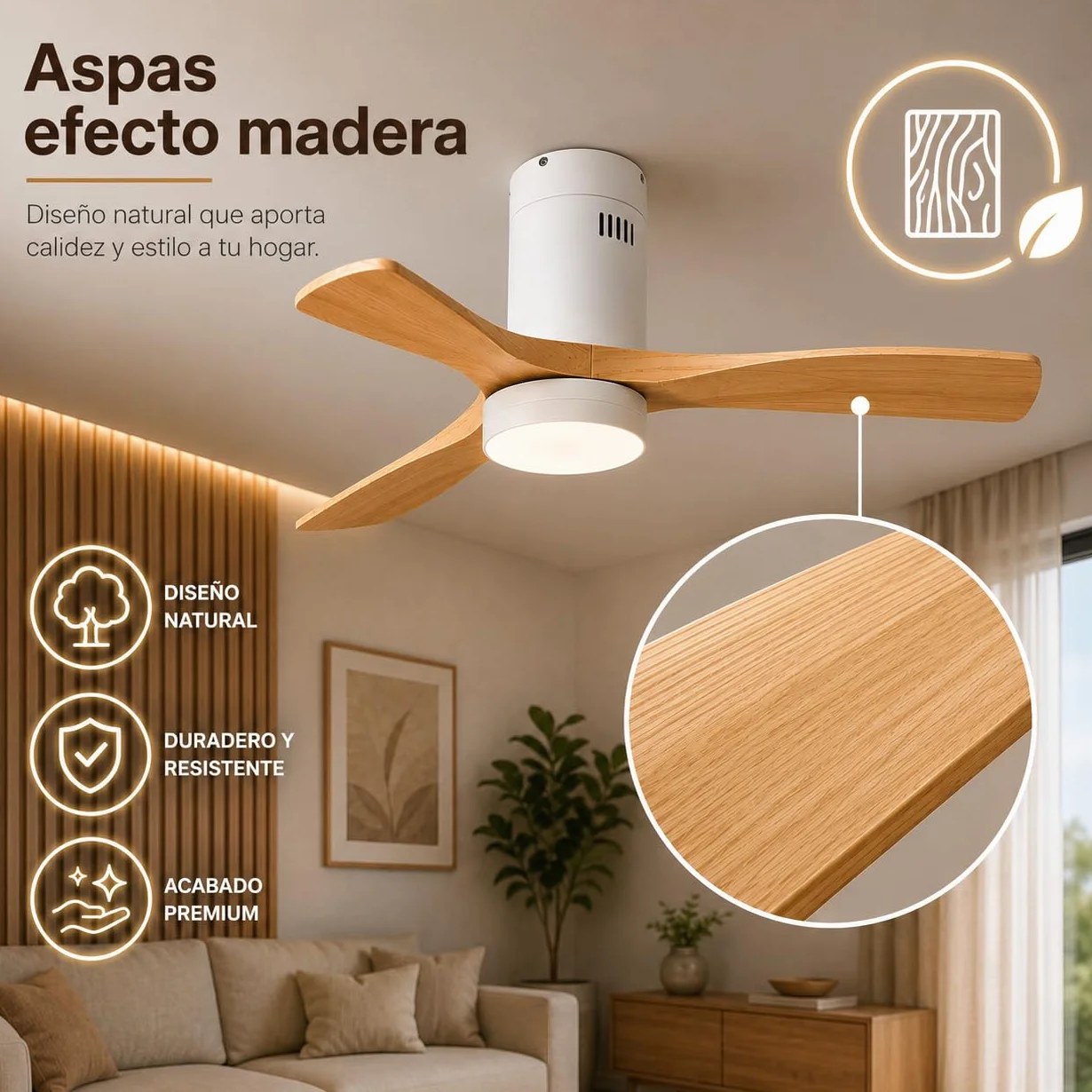 M mimotec - Ventilador Techo Energy con Luz LED Regulable en intensidad, Motor DC Silencioso, Aspas Efecto Madera Ø132 cm, Mando, 6 Velocidades, 3 Temperatura de Luz, Temporizador, Verano/Invierno