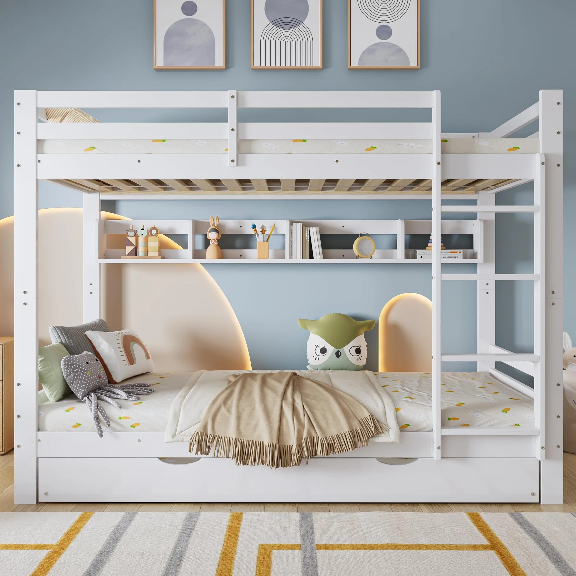 LAKFEW Litera Infantil 90x200 con Cama Nido 90x190 cm, Literas Cama Infantil con Protección Anticaída y Estante de Almacenaje, Camas Infantiles, Litera Triple Literas Infantiles, Blanco, Sin Colchón