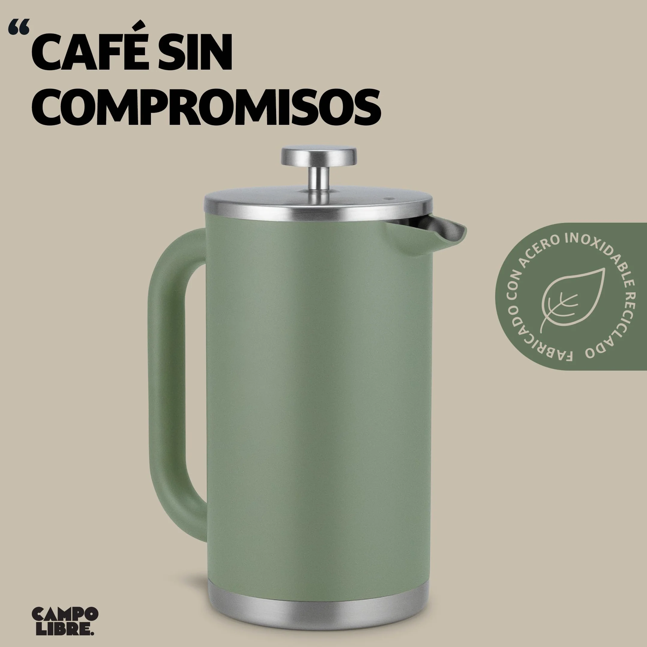Campo Libre.® GIORGIO – Cafetera Francesa de Acero Inoxidable, Doble Pared Aislada, Sin Plástico – Prensa Francesa Térmica con Filtro Extra – Apta para Lavavajillas – Verde. 600ml