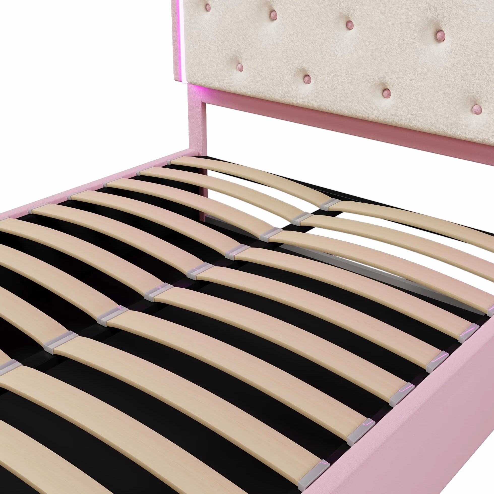 Cama Acolchada 140 x 200 cm,Cama contenedor hidráulico,Cama Individual con luz Ambiental con Mando a Distancia,Forma de Corona de Princesa,Cama con somier,Material PU,para Niños,Rosa