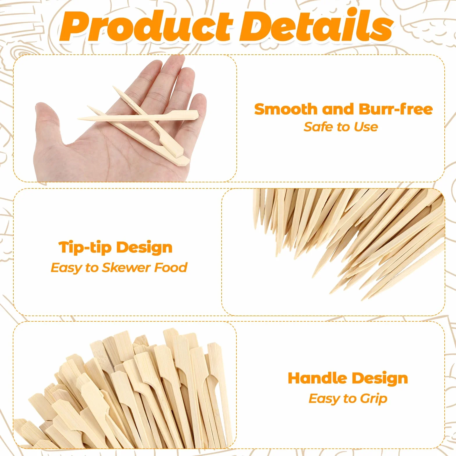 Palillos para Aperitivos de Bambú 9cm, Brochetas de Madera para Cócteles, Barbacoas y Frutas