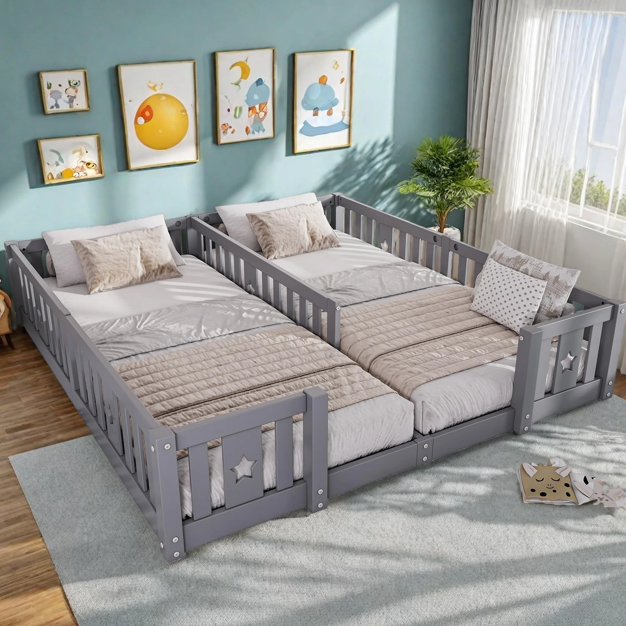 Cama infantil 180x200 cm madera protección anticaídas somier doble juvenil diseño escandinavo gris
