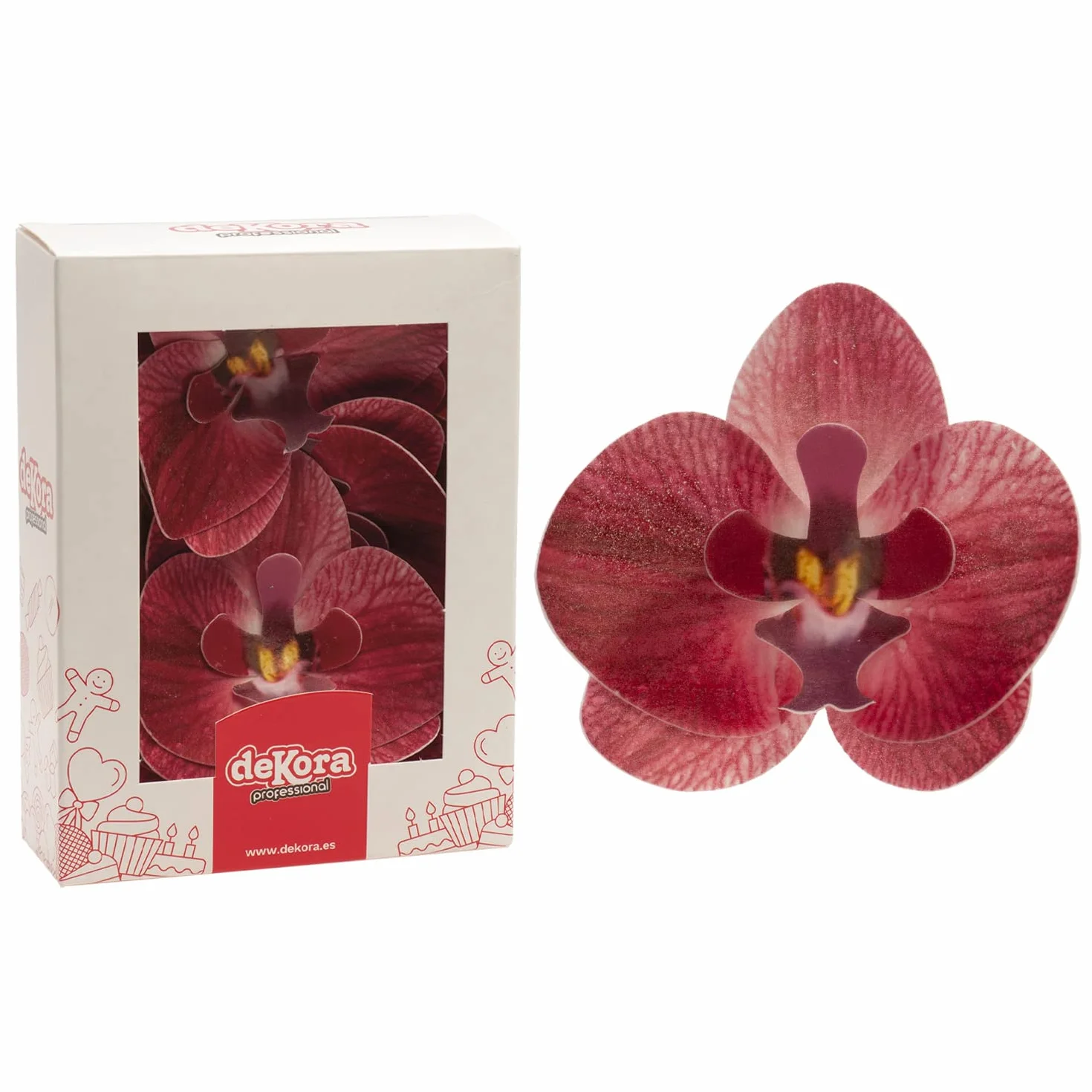 Flores Comestibles para Tartas, 10 Orquídeas Burdeos de Oblea 8.5x7.5cm, Sin Azúcar, Sin Gluten, Sin Lactosa