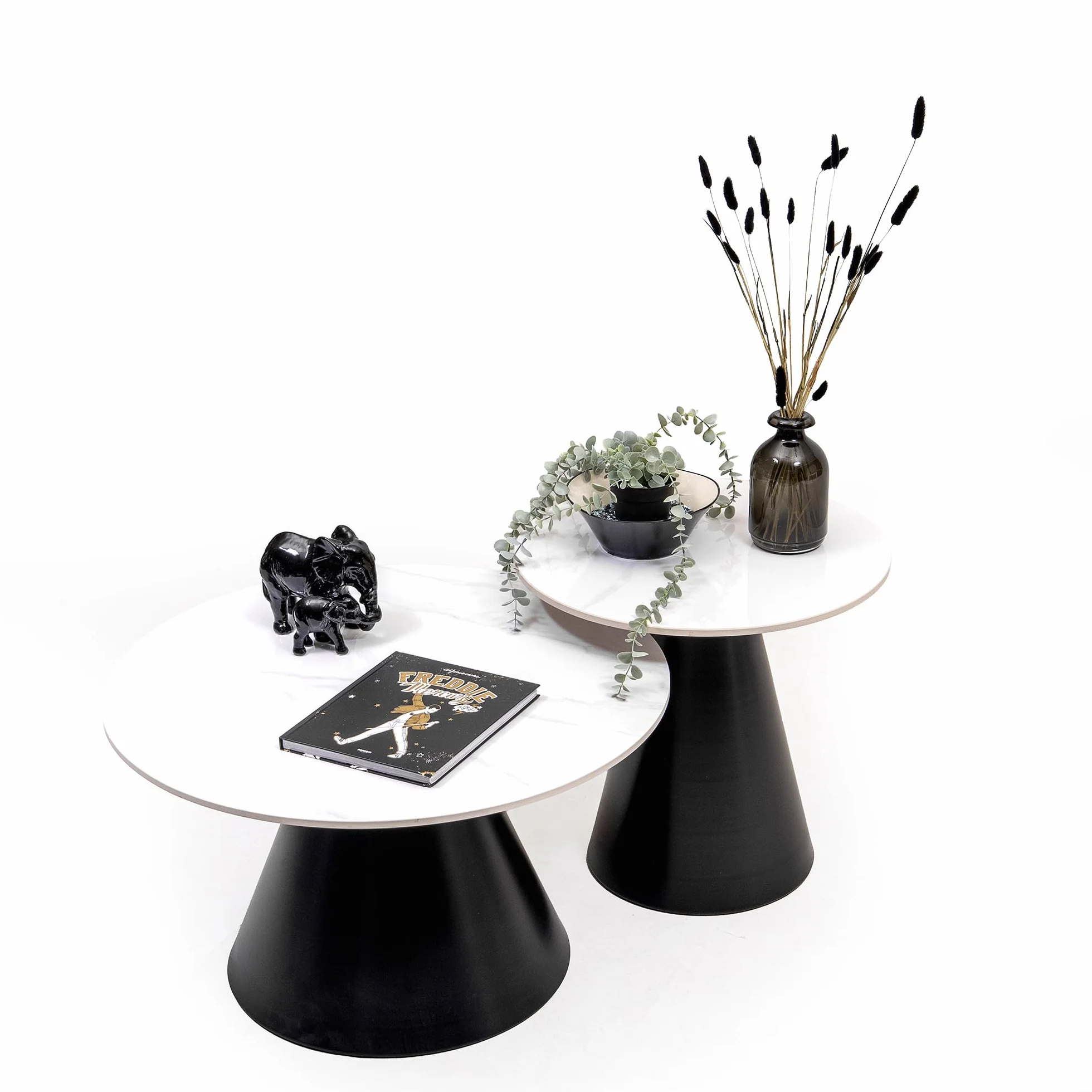 Homely - Juego de 2 Mesa Auxiliares Lúmica | Redonda 70 Ø .40 cm Alto./ 50 Ø .47 cm Alto. | Base de Estructura Metálica | Tapa Porcelánica Efecto Mármol | Mesa Auxiliar versatil, rincón o Centro.