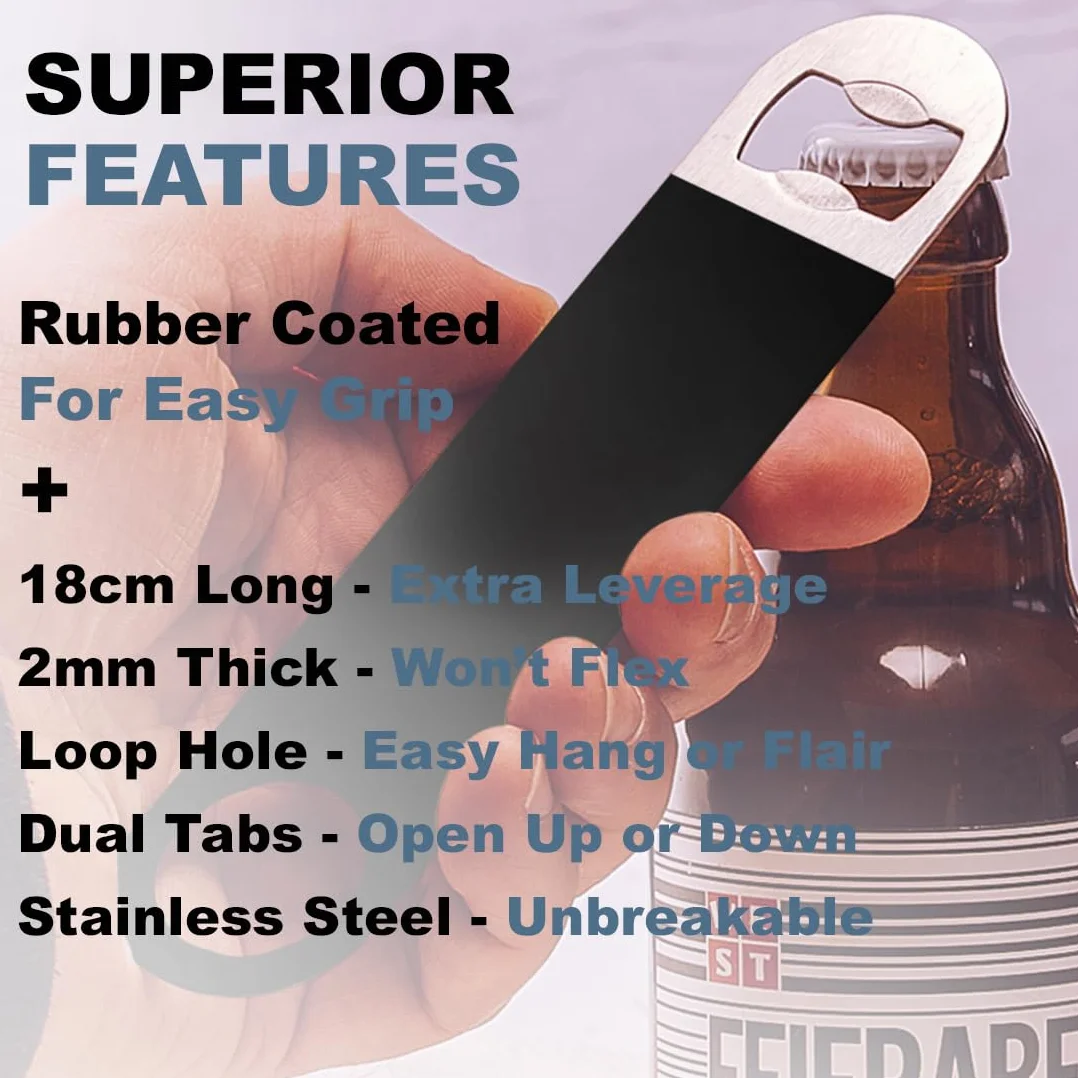 FLOW Barware Abridor de botellas, hoja de barra de 18 cm | Abridor de botellas de cerveza de acero recubierto de goma | Cuchillas de barra profesionales de doble versión | Paquete de 4 unidades negro