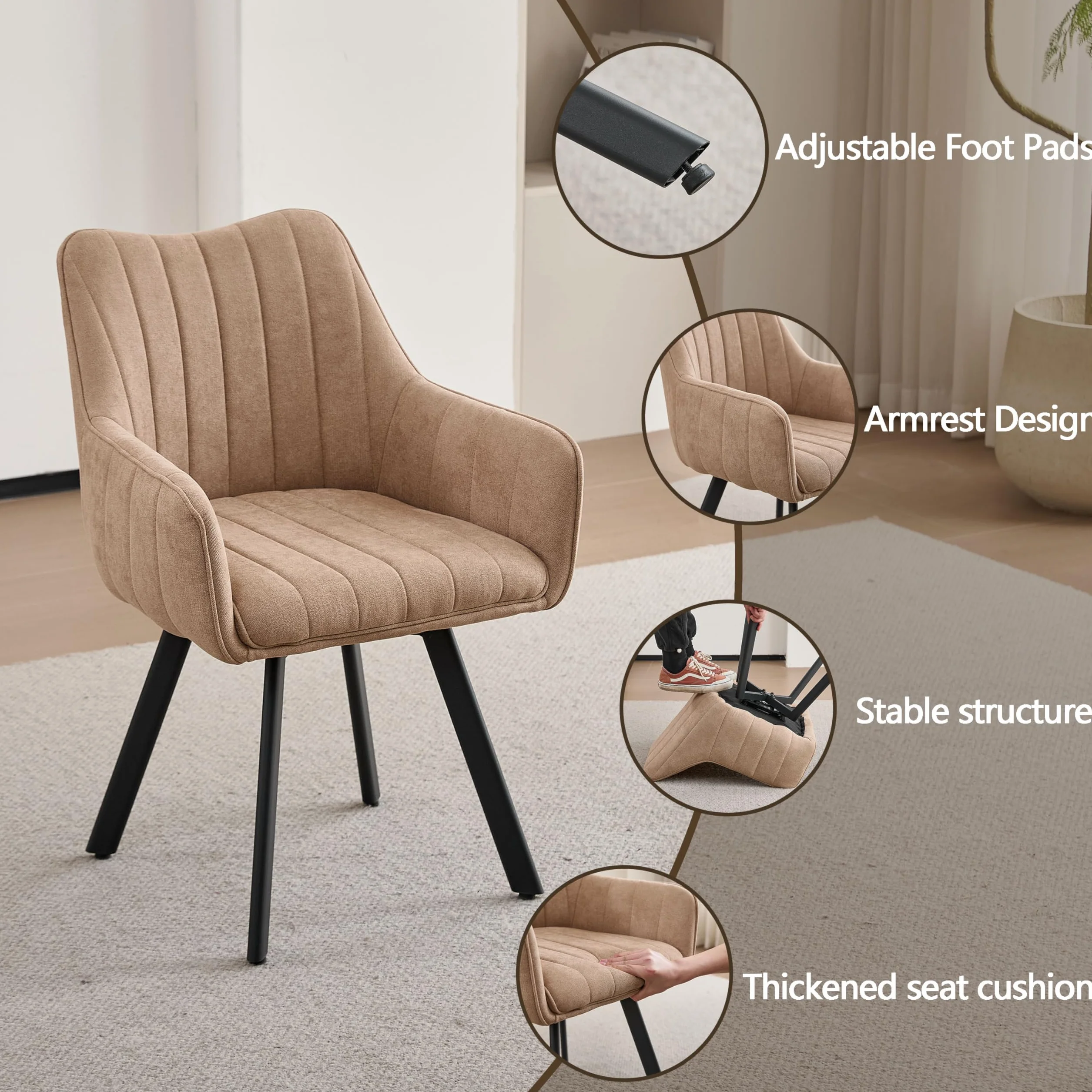 Juego de 6 Sillas de Comedor con Brazos, Sillas de Cocina Tapizadas en Lino, Patas Metálicas Giratorias 360°, Aptas para Comedores, Cocinas y Salas de Estar, Caqui
