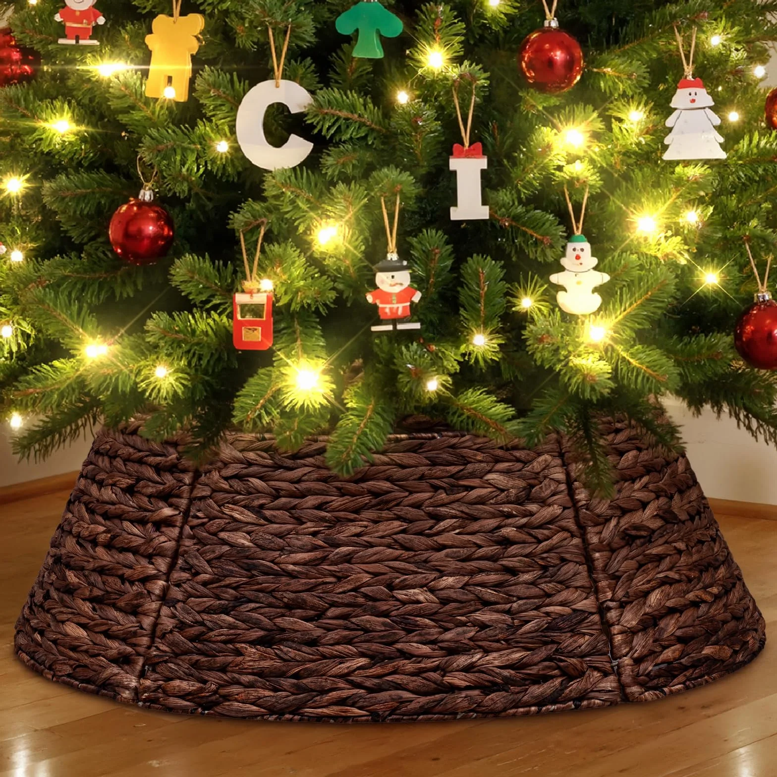 Lanpn Rattan Collar Árbol de Navidad 106cm, Redondo Mimbre Decorativo Falda Arbol Navidad Christmas Tree Collar para Grande Árboles Artificiales Interior - Decoración Navideña (Marrón)