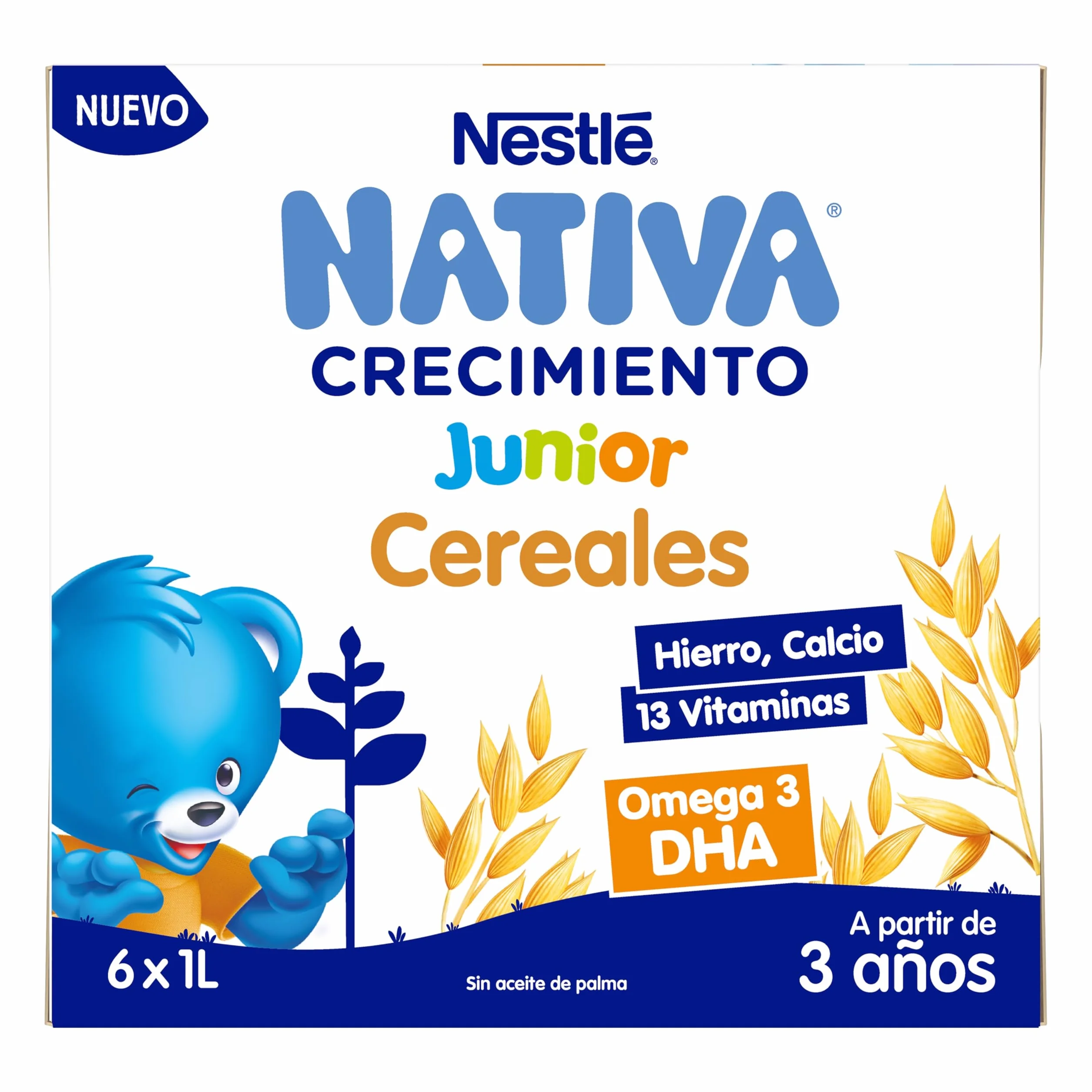 NESTLÉ NATIVA Crecimiento JUNIOR Cereales Leche Líquida para Niños 3 Años 6 Paquetes 1L