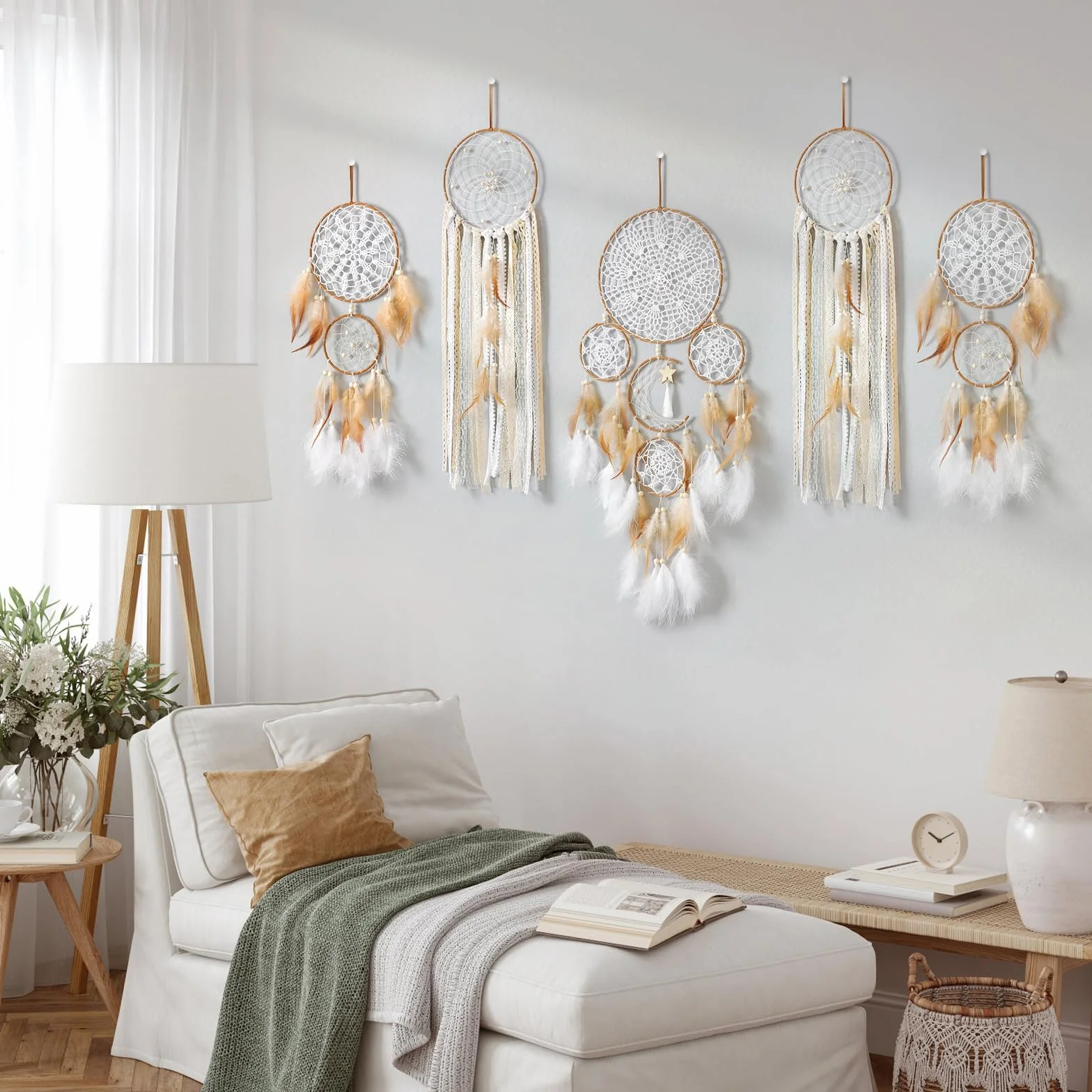 LOMOHOO Juego de 5 atrapasueños con diseño de luna y sol, macramé bohemio, para colgar en la pared, decoración de habitación, plumas hechas a mano, para dormitorio de niños y niñas, decoración del