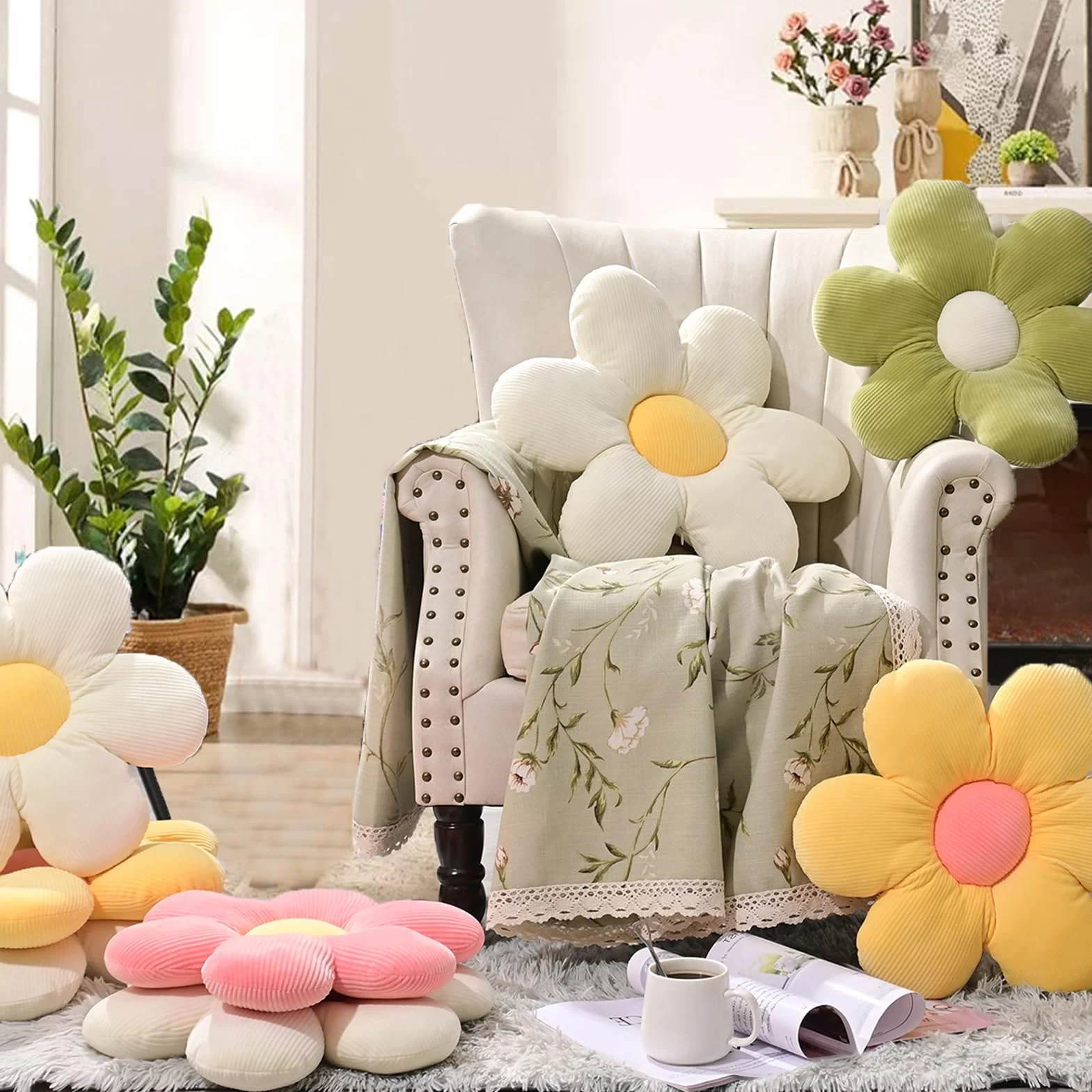 Cojín Flor Blanco 48 cm, Cojín de Suelo Estético para Habitación, Decoración Dormitorio