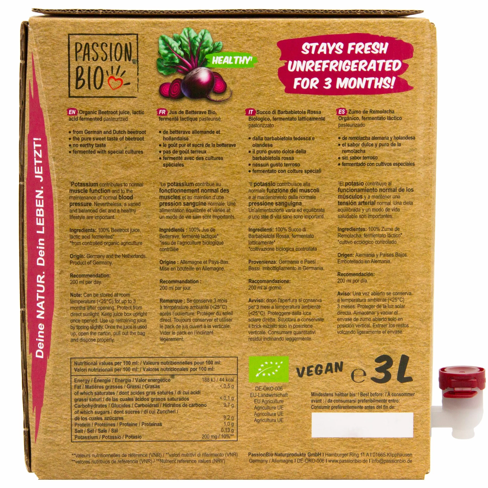 Zumo de remolacha ecológico 3 litros, orgánico, vegano, sin sabor terroso